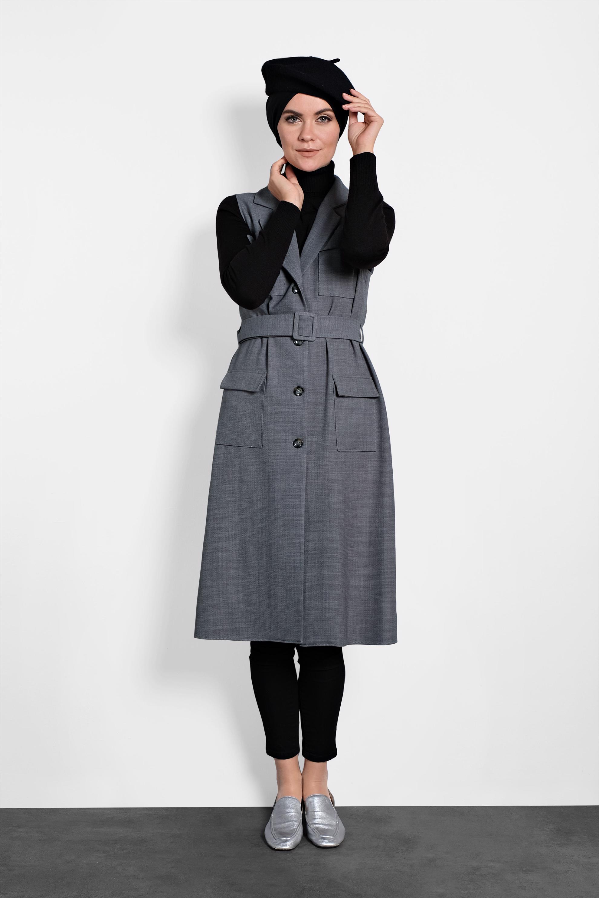 Tesettür giyim GRİ KEMERLİ DÜĞMELİ YELEK 40128