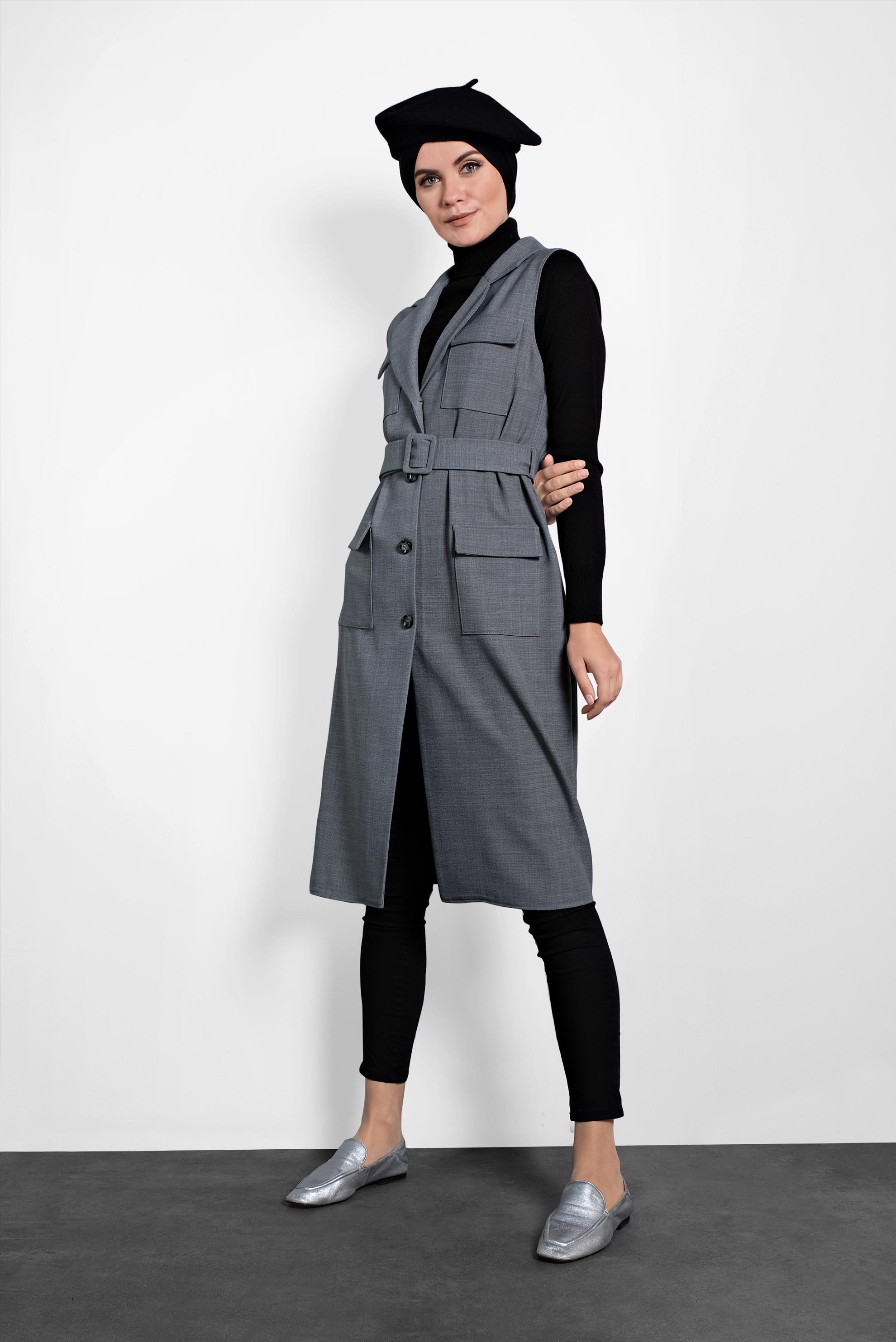 Tesettür giyim GRİ KEMERLİ DÜĞMELİ YELEK 40128