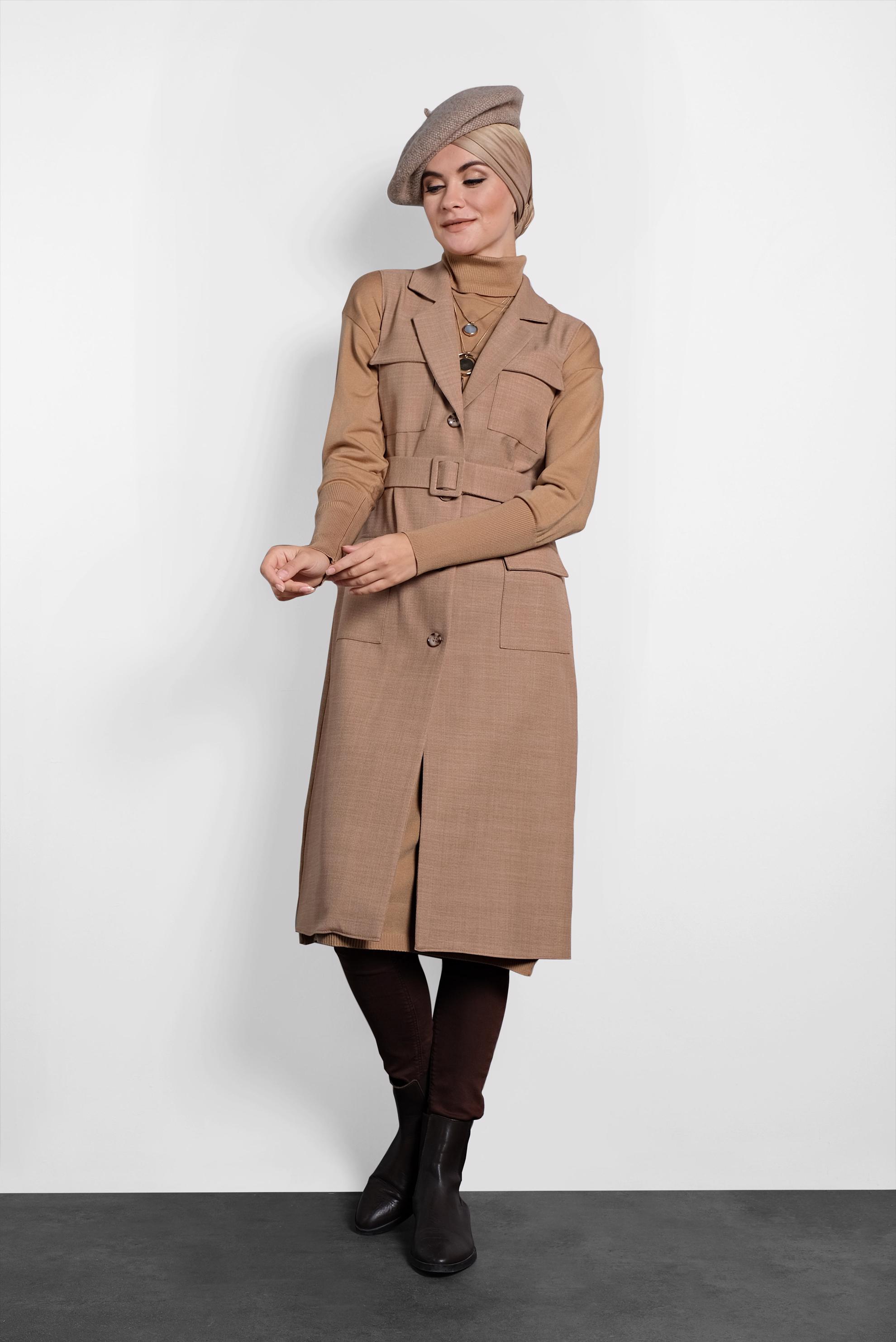 Tesettür giyim KAHVE KEMERLİ DÜĞMELİ YELEK 40128