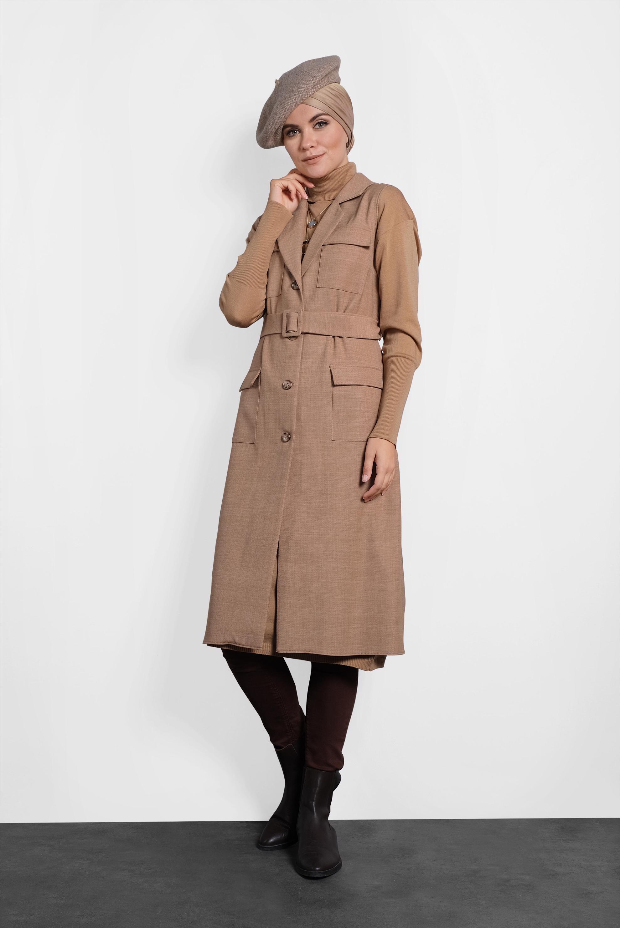 Tesettür giyim KAHVE KEMERLİ DÜĞMELİ YELEK 40128