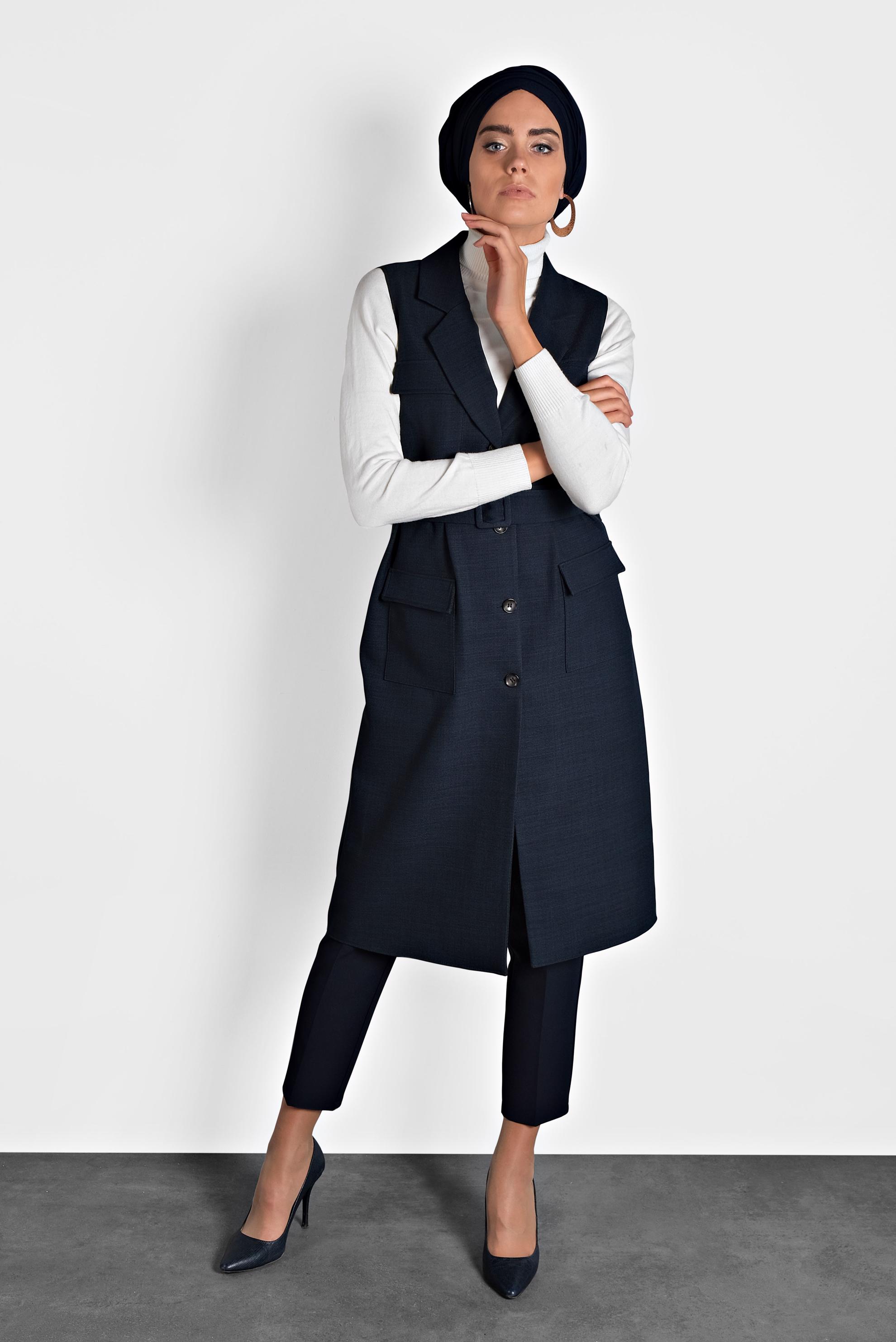 Tesettür giyim LACİVERT KEMERLİ DÜĞMELİ YELEK 40128