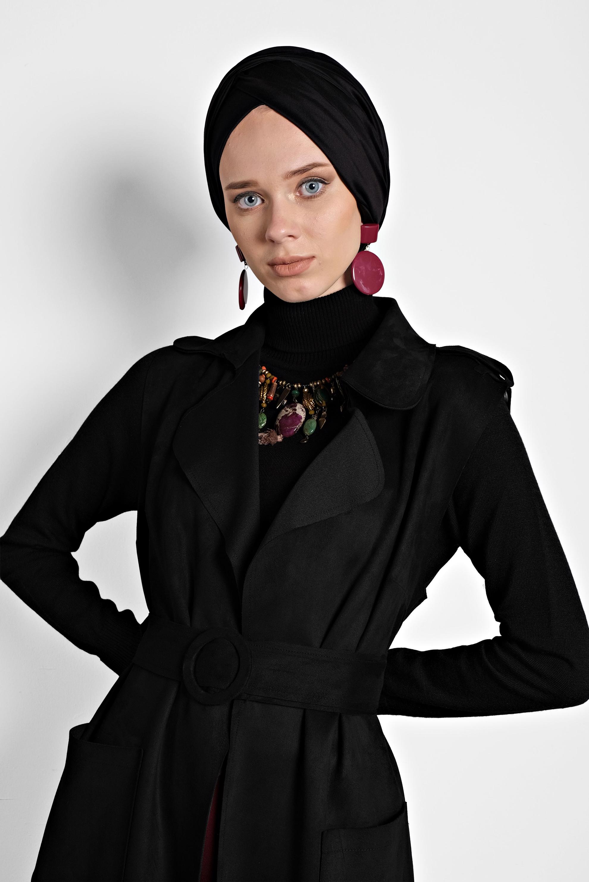 Tesettür giyim SİYAH KEMERLİ CEPLİ SÜET YELEK 40241