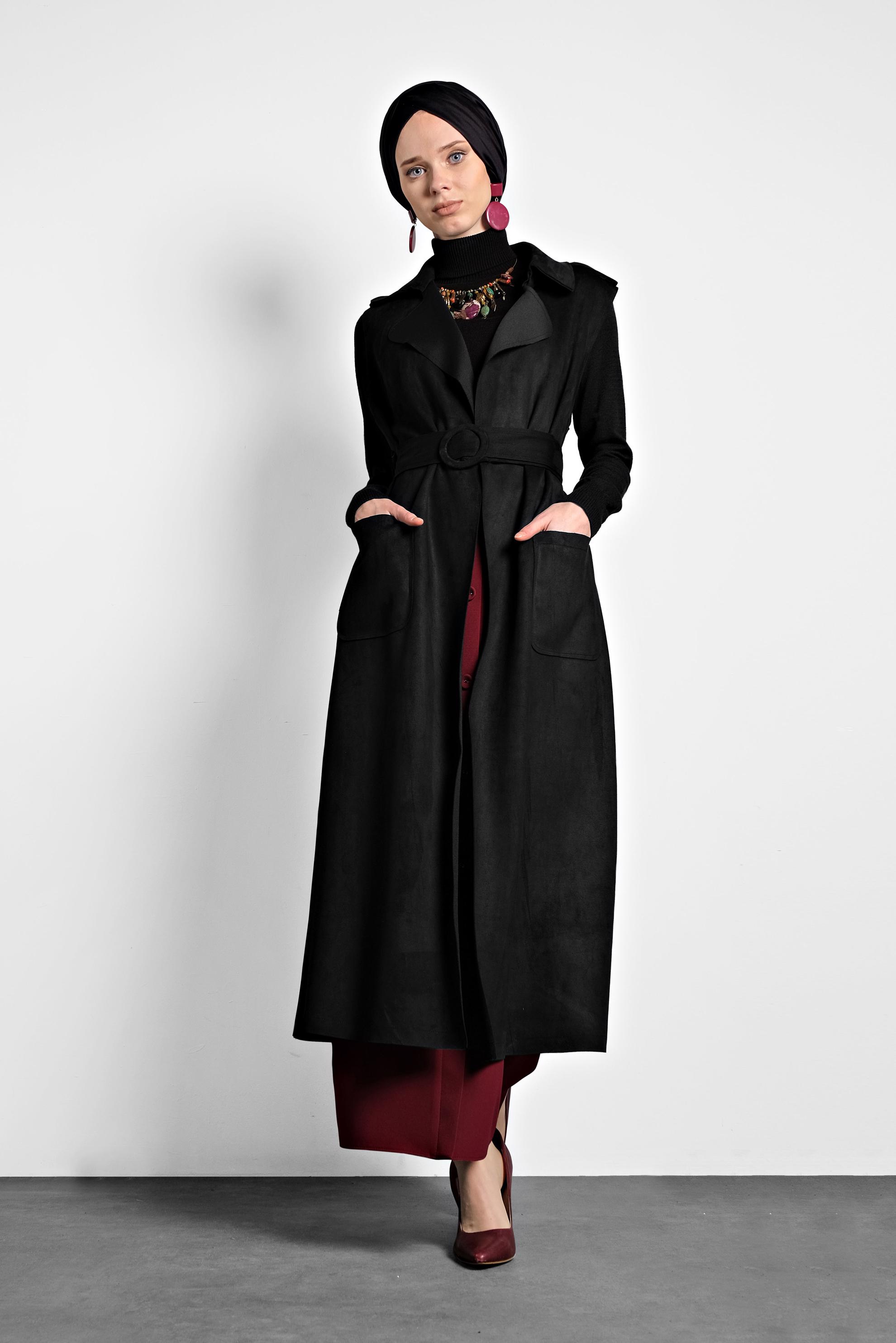 Tesettür giyim SİYAH KEMERLİ CEPLİ SÜET YELEK 40241