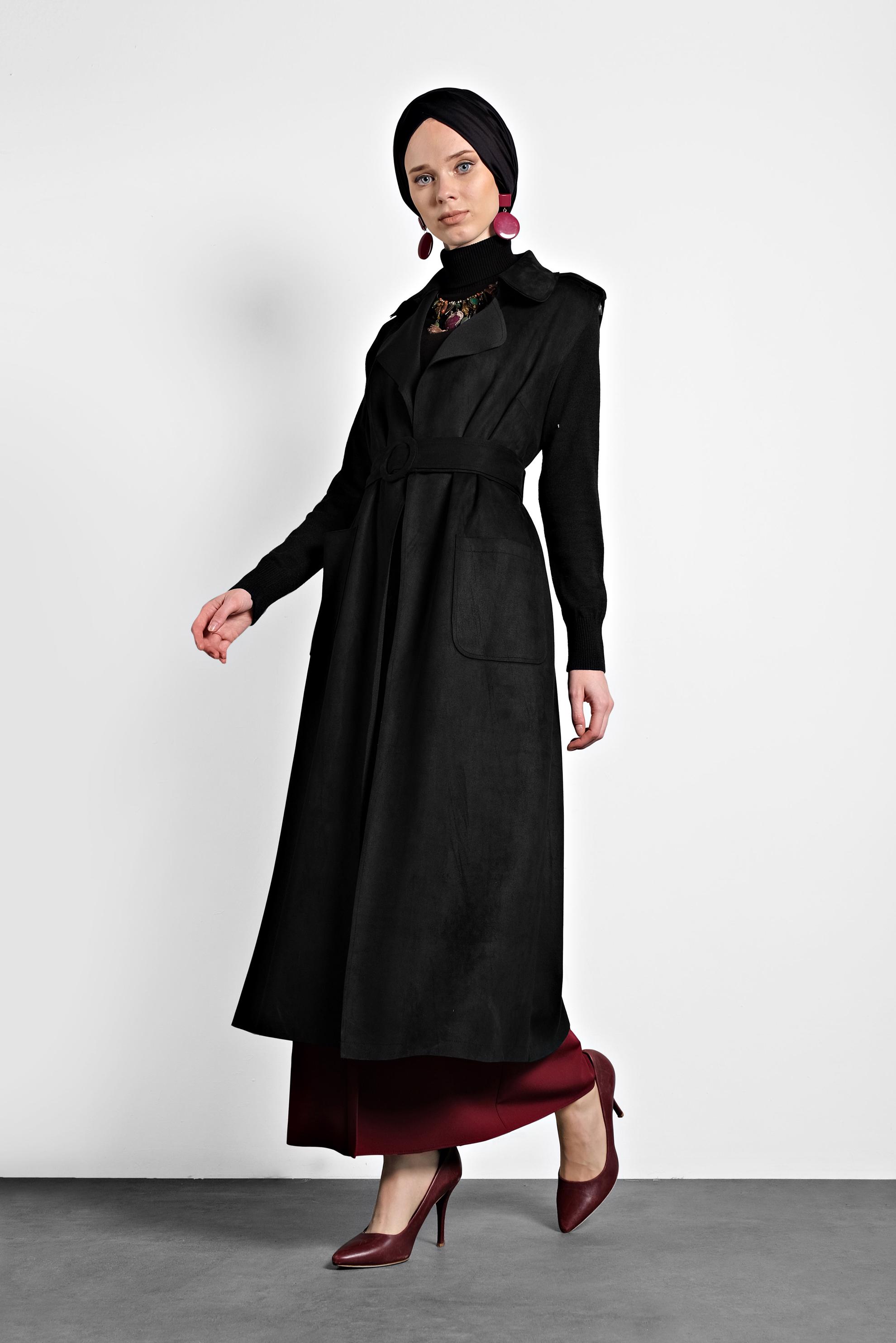 Tesettür giyim SİYAH KEMERLİ CEPLİ SÜET YELEK 40241