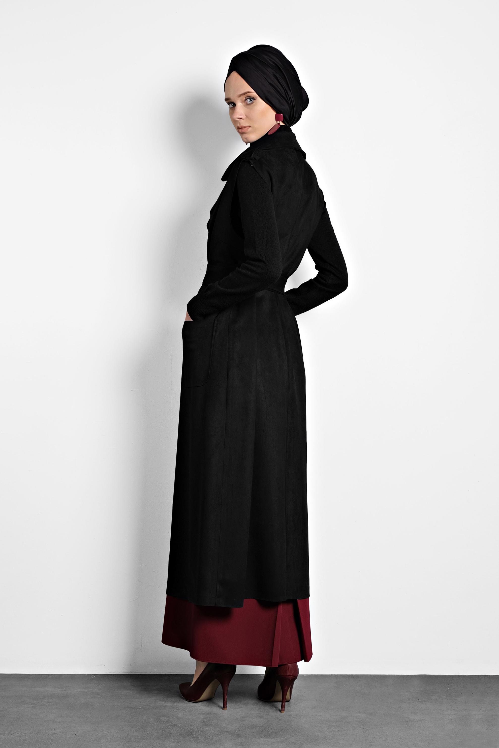 Tesettür giyim SİYAH KEMERLİ CEPLİ SÜET YELEK 40241