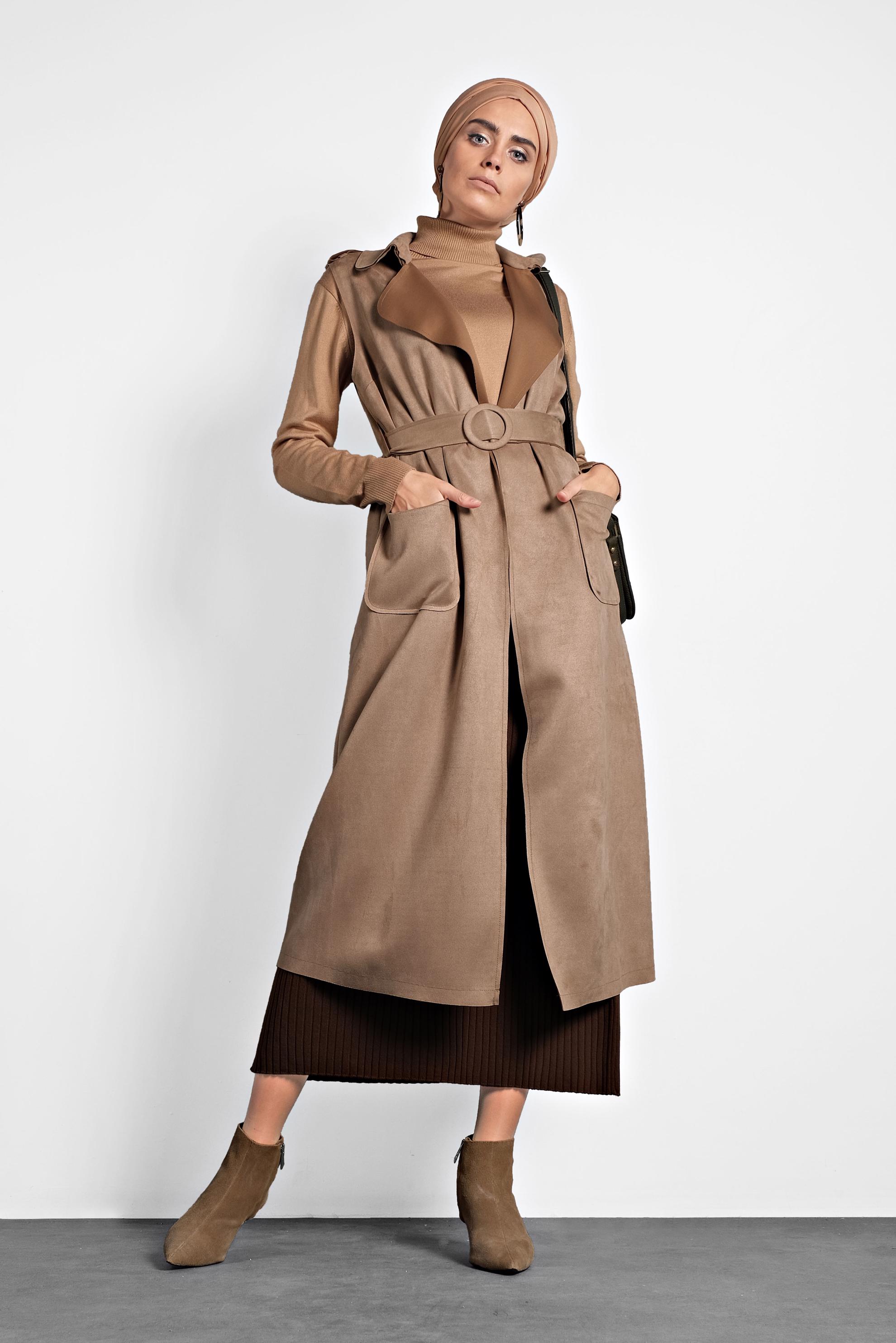 Tesettür giyim BEJ KEMERLİ CEPLİ SÜET YELEK 40241