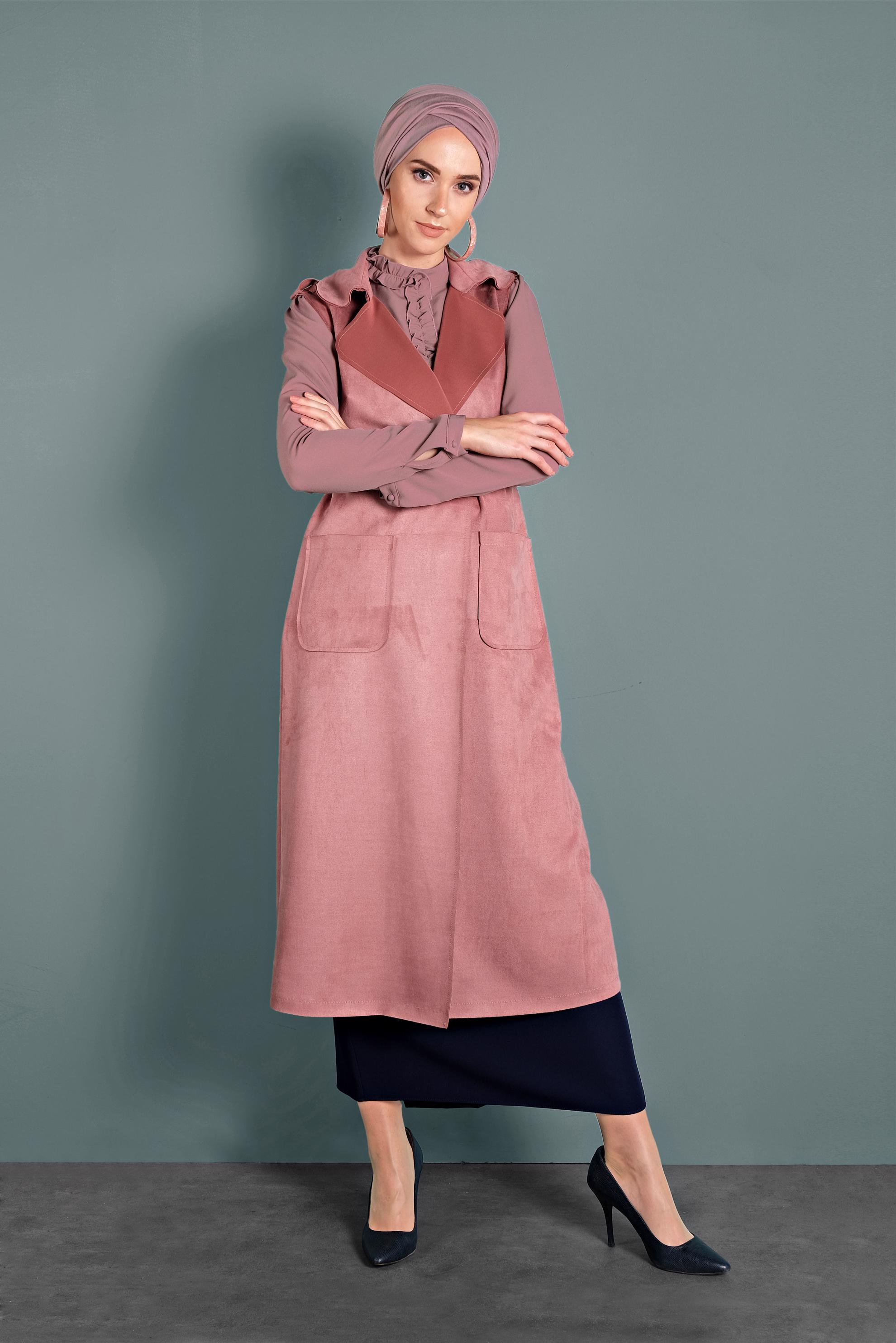 Tesettür giyim PUDRA KEMERLİ CEPLİ SÜET YELEK 40241