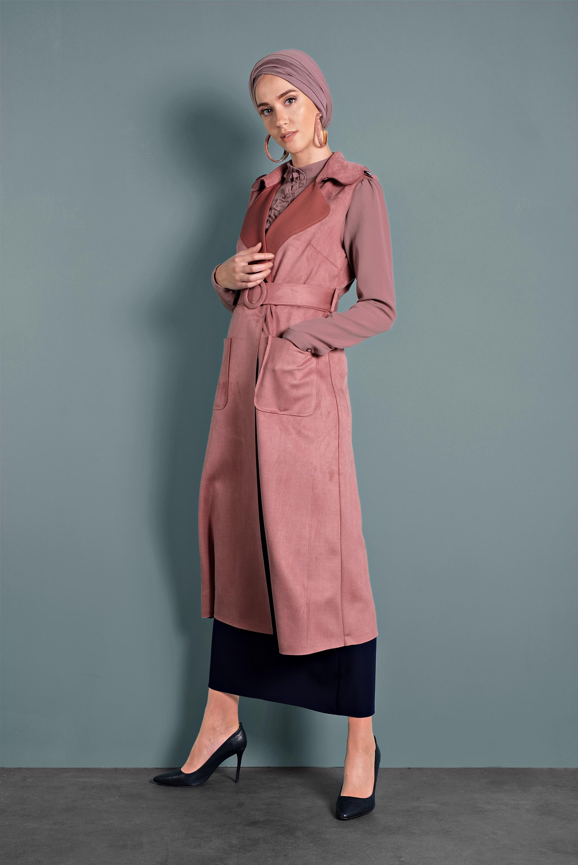 Tesettür giyim PUDRA KEMERLİ CEPLİ SÜET YELEK 40241