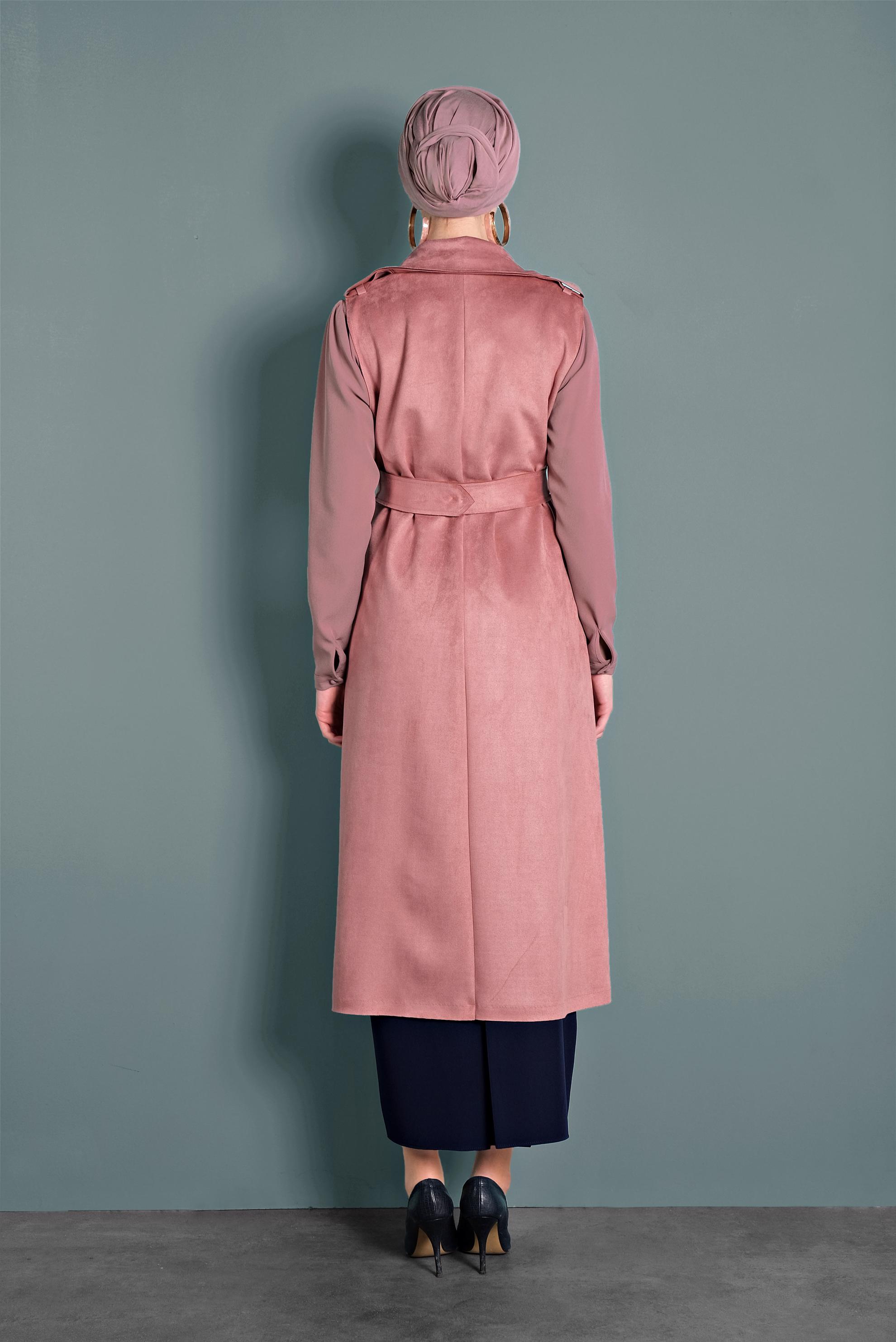 Tesettür giyim PUDRA KEMERLİ CEPLİ SÜET YELEK 40241