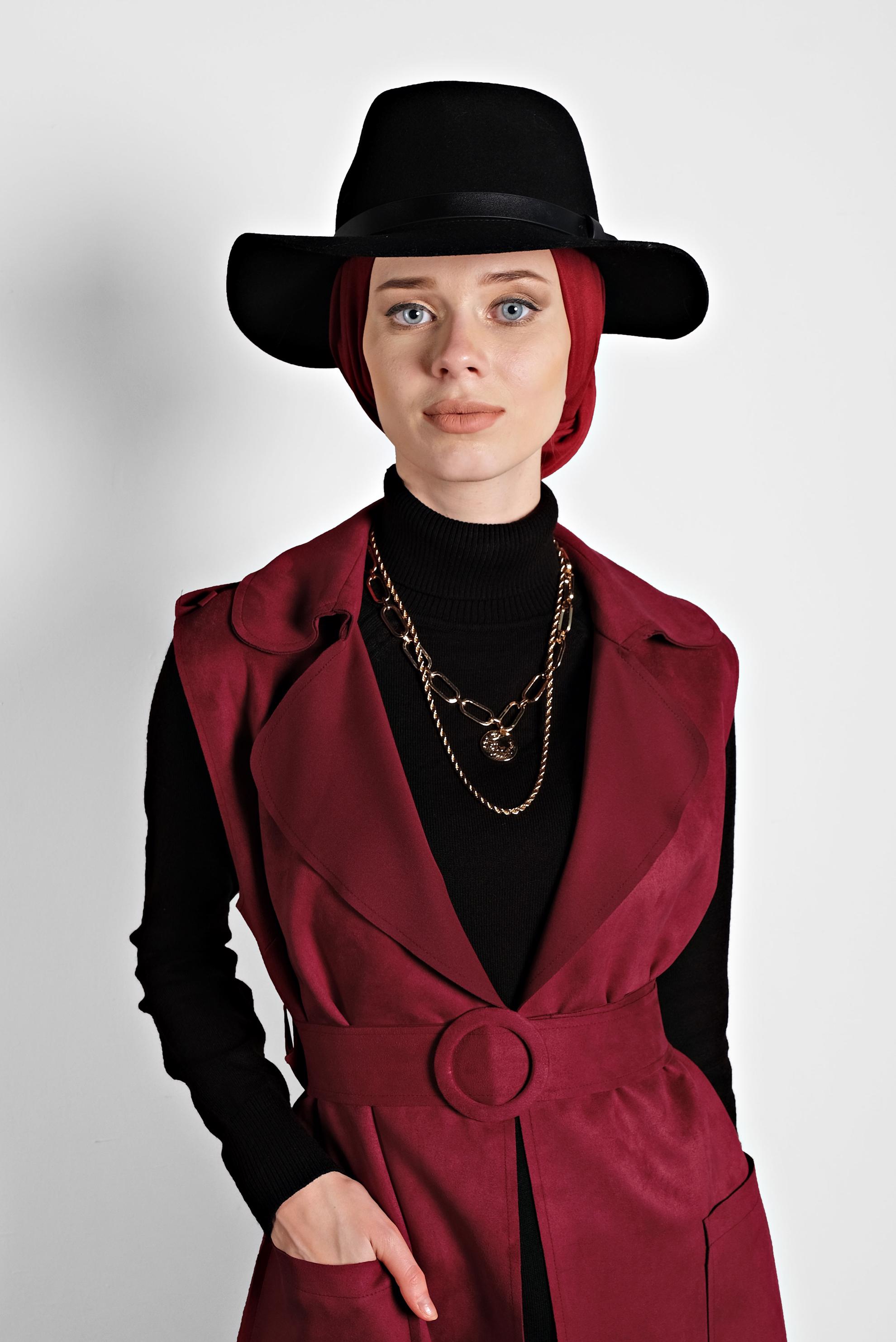 Tesettür giyim BORDO KEMERLİ CEPLİ SÜET YELEK 40241