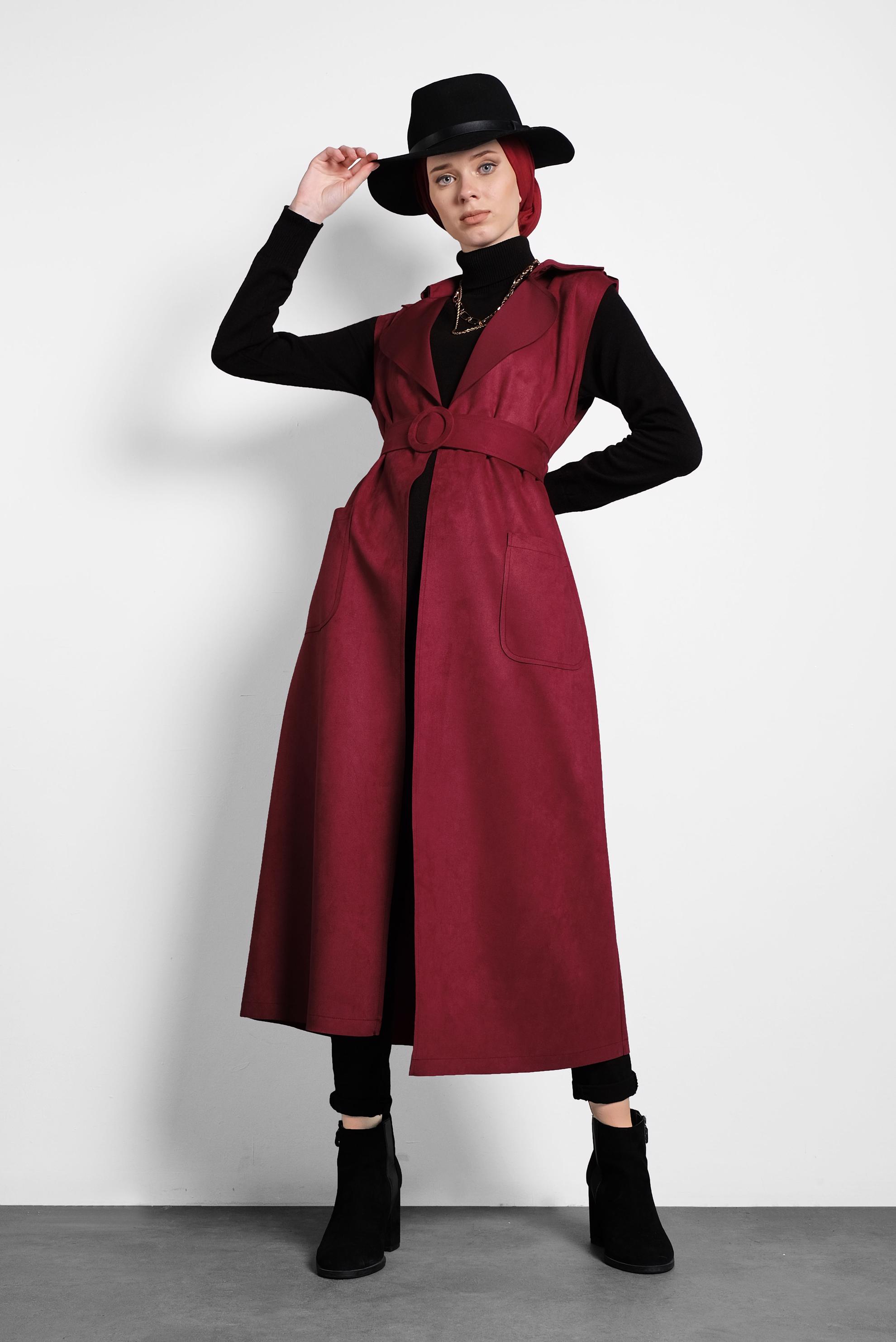 Tesettür giyim BORDO KEMERLİ CEPLİ SÜET YELEK 40241