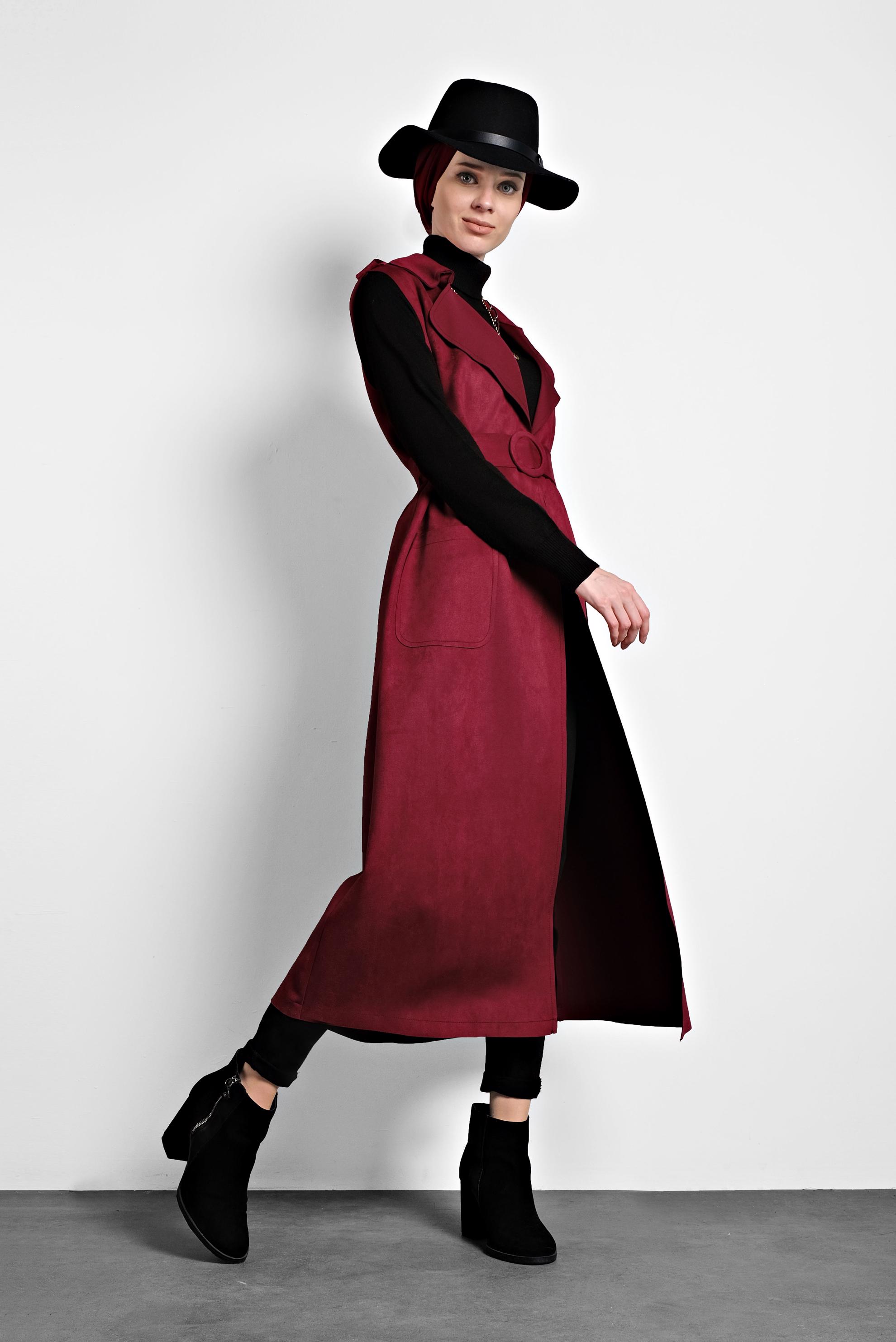 Tesettür giyim BORDO KEMERLİ CEPLİ SÜET YELEK 40241