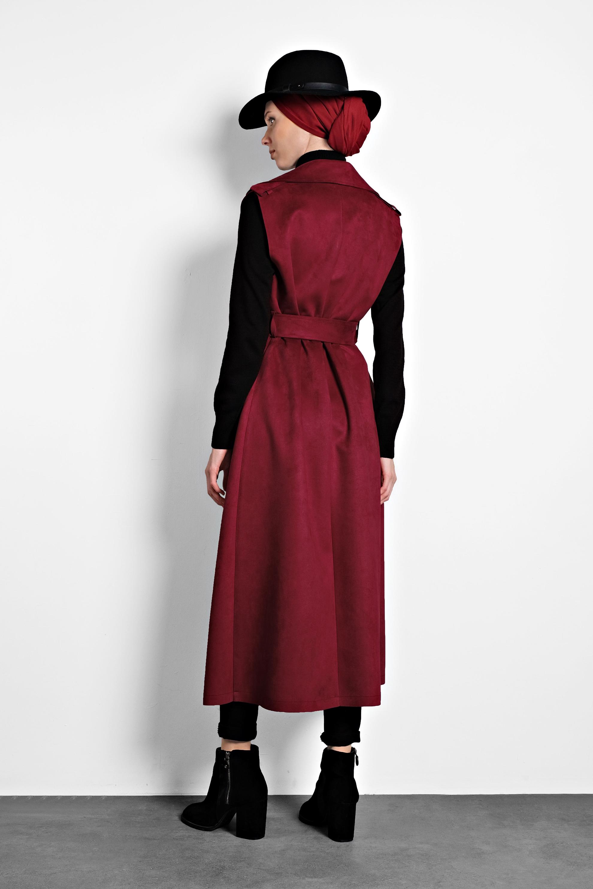 Tesettür giyim BORDO KEMERLİ CEPLİ SÜET YELEK 40241