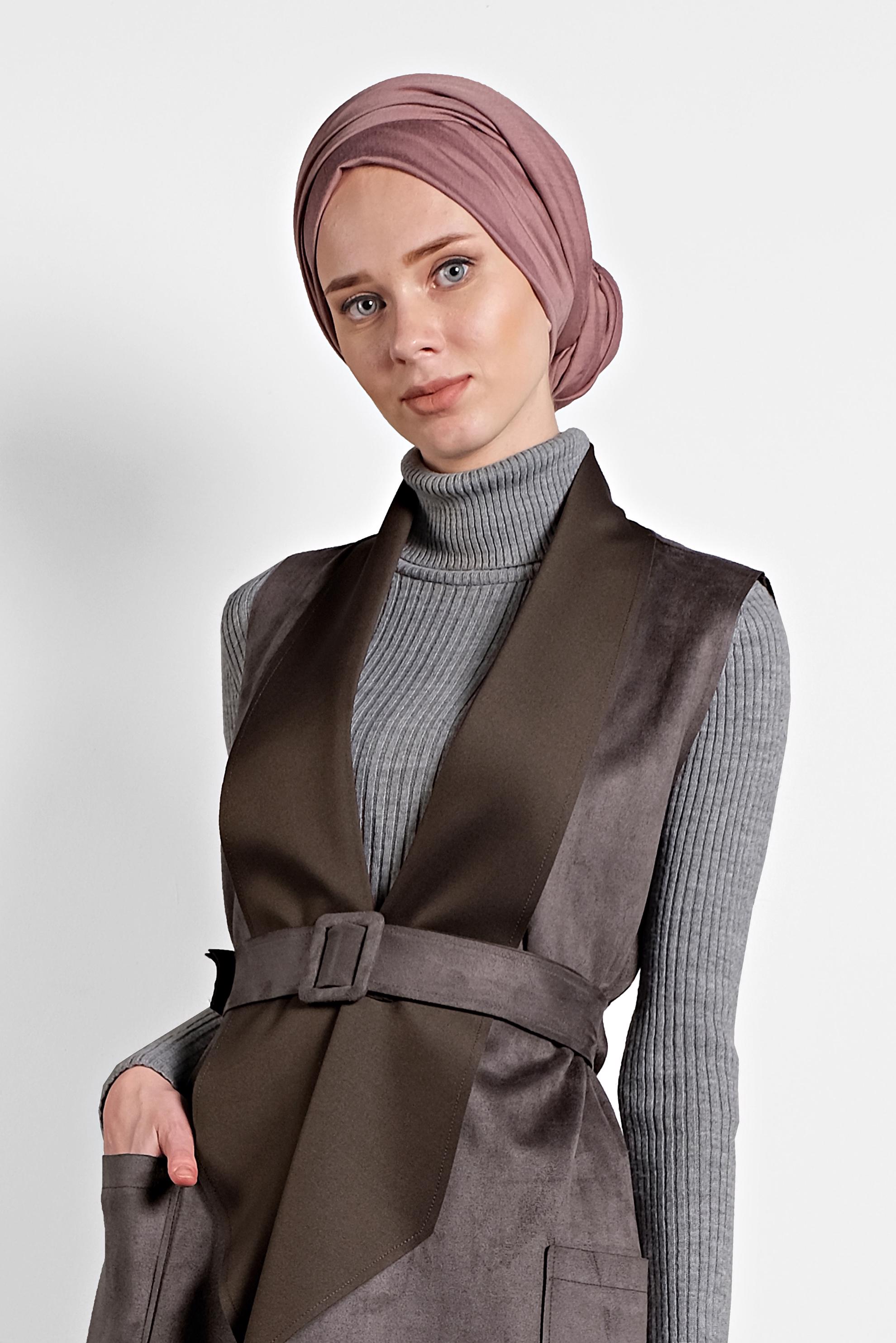Tesettür giyim GRİ KEMERLİ ŞAL YAKA YELEK 40244