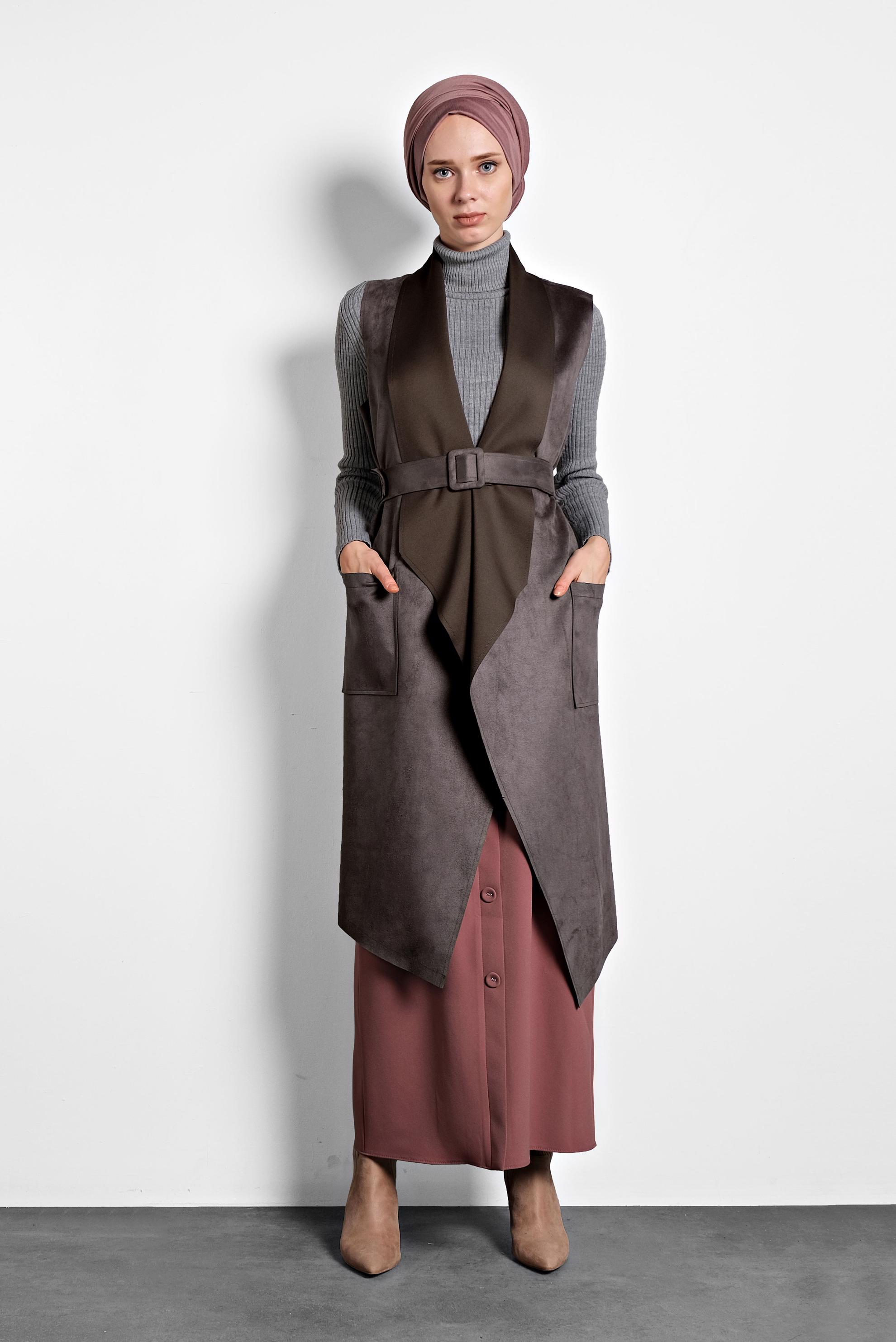 Tesettür giyim GRİ KEMERLİ ŞAL YAKA YELEK 40244