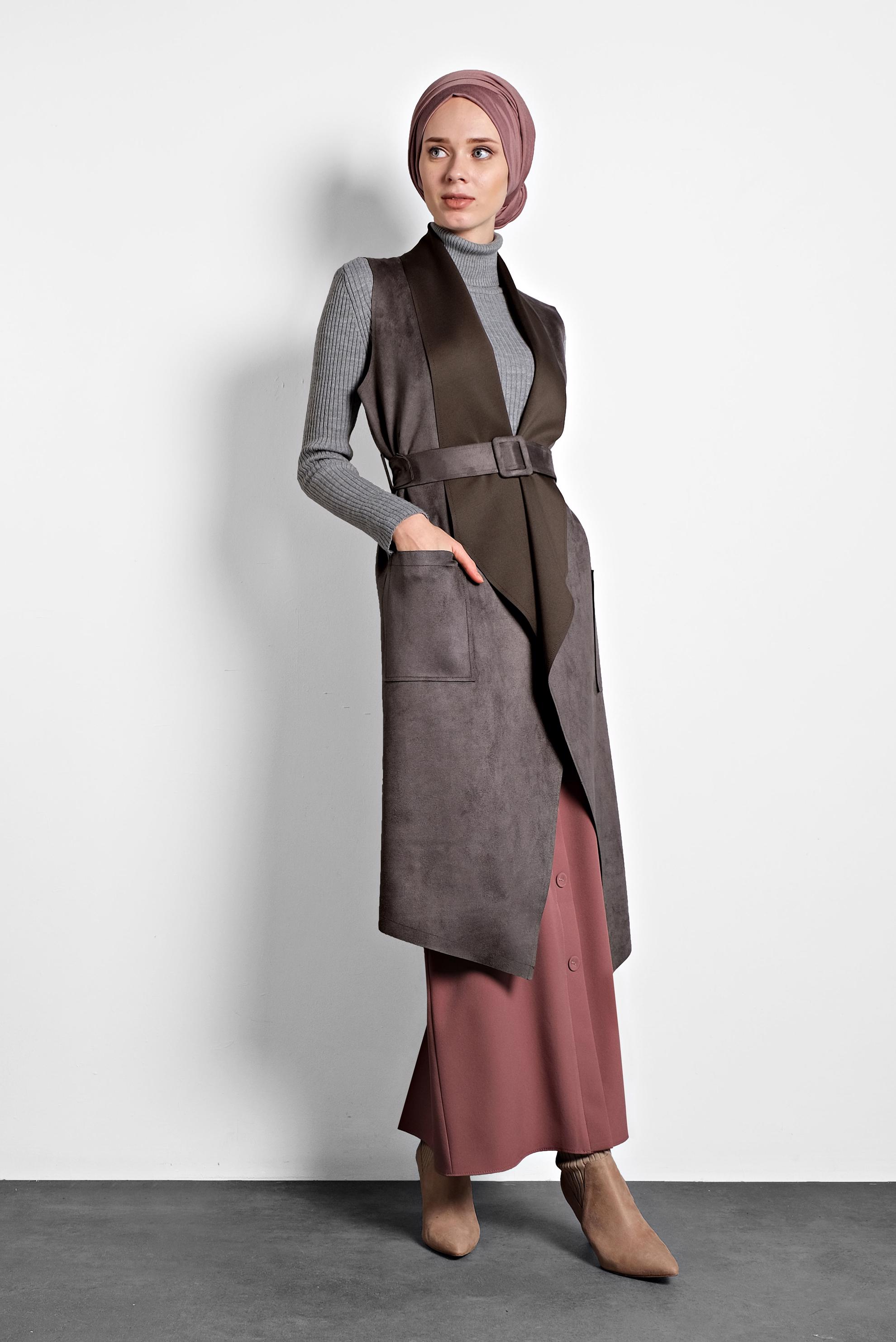 Tesettür giyim GRİ KEMERLİ ŞAL YAKA YELEK 40244