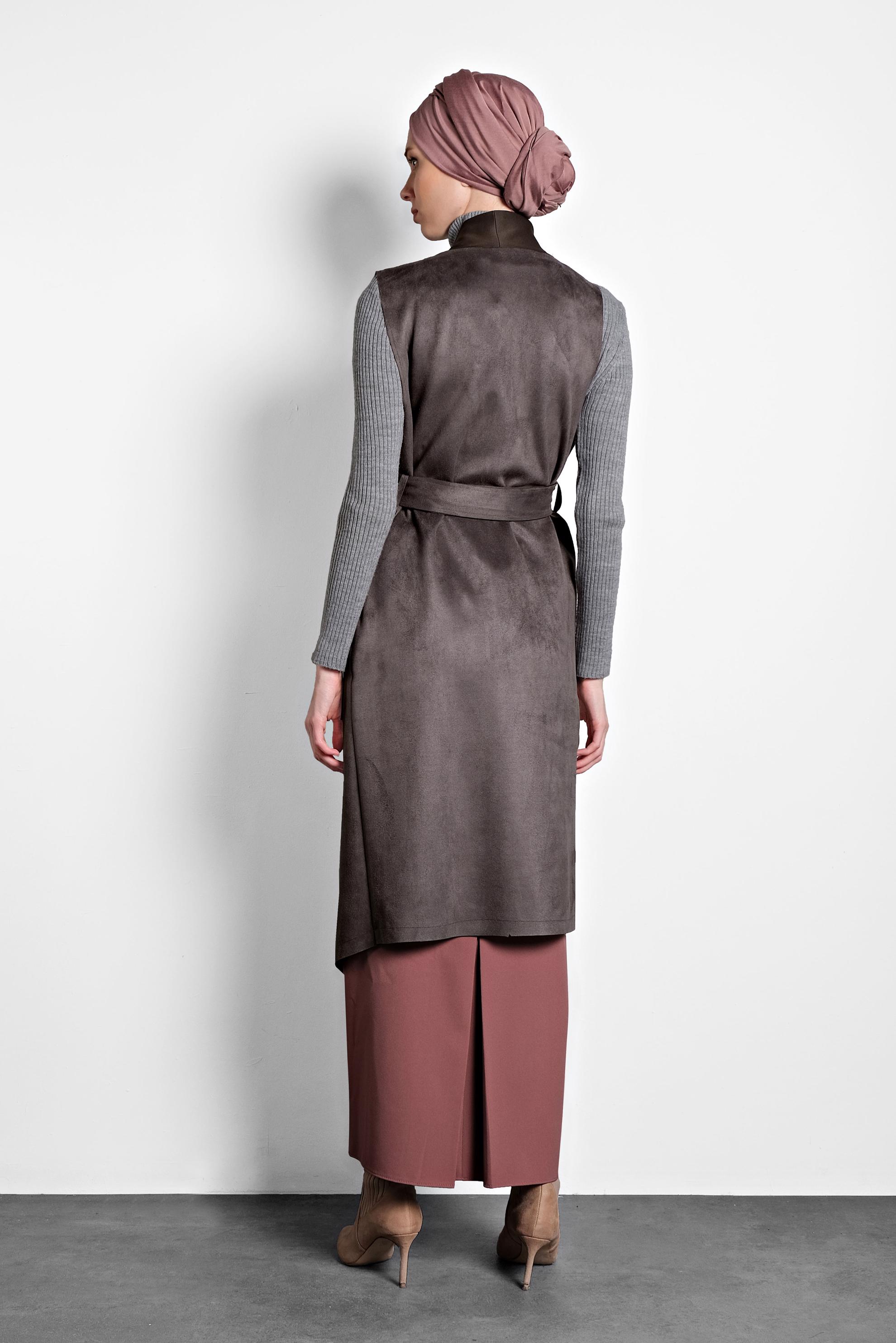 Tesettür giyim GRİ KEMERLİ ŞAL YAKA YELEK 40244