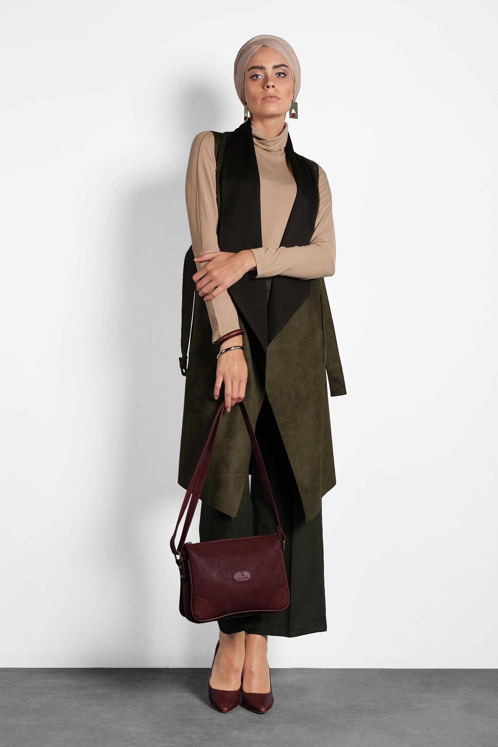 Tesettür giyim HAKİ KEMERLİ ŞAL YAKA YELEK 40244