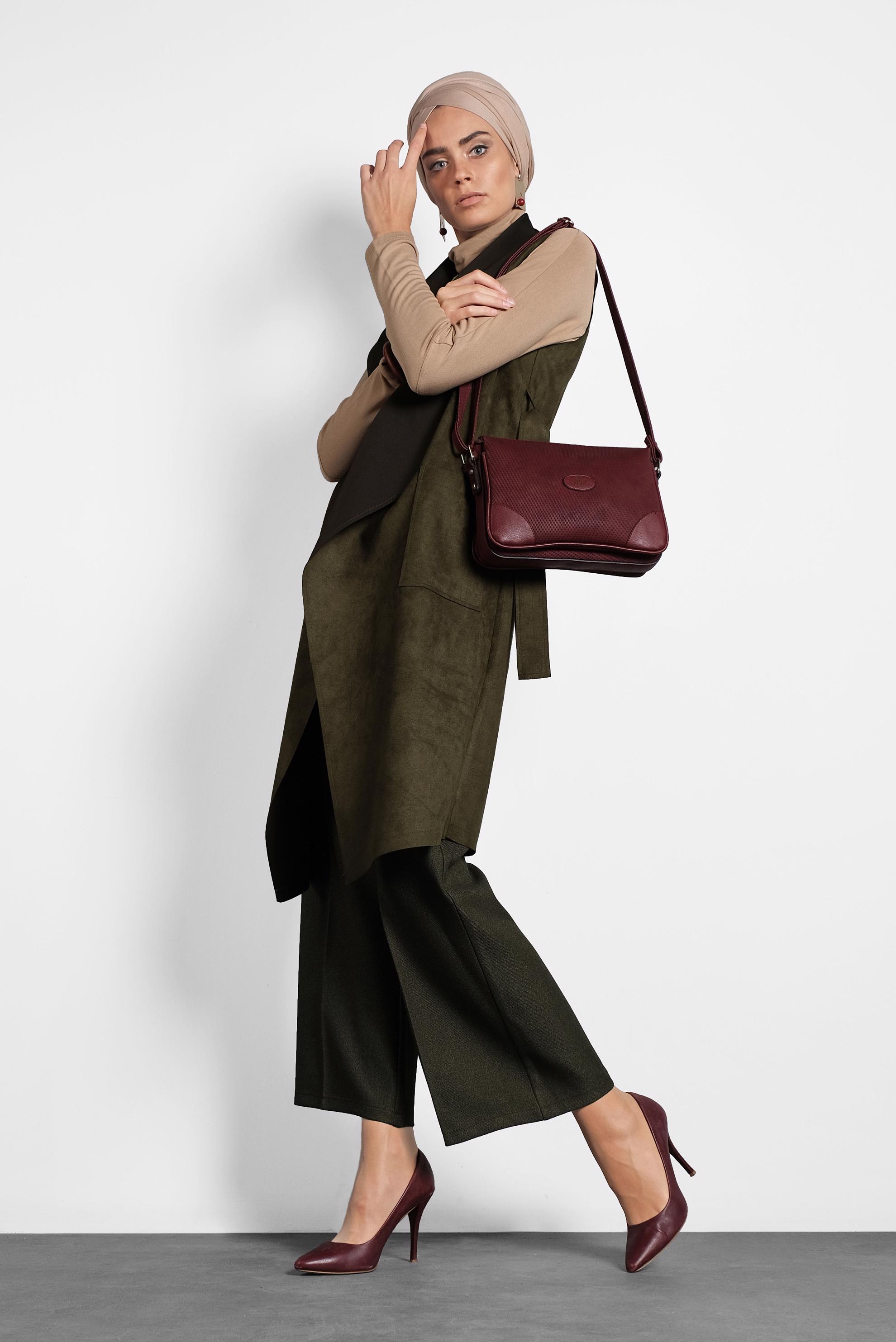 Tesettür giyim HAKİ KEMERLİ ŞAL YAKA YELEK 40244