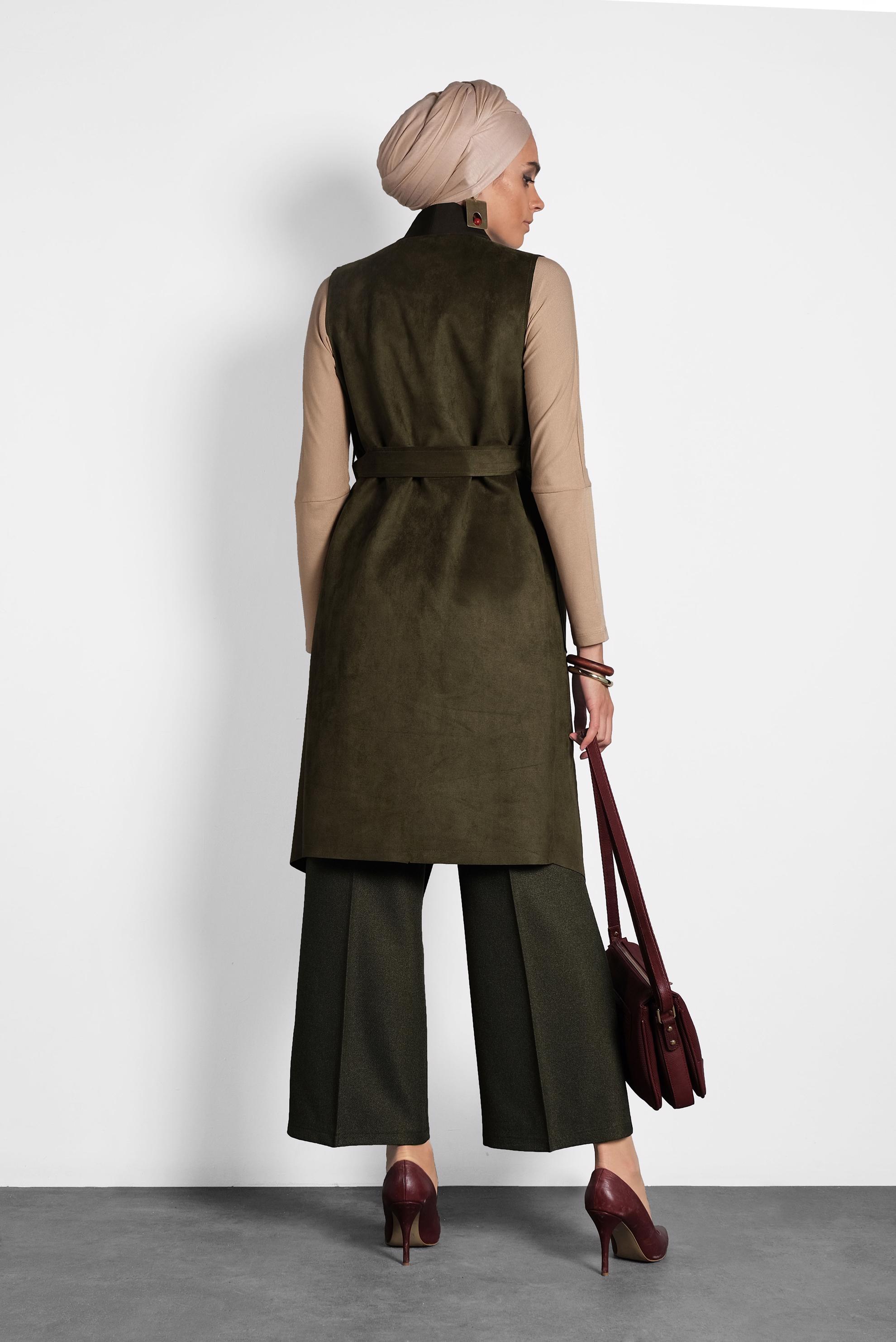 Tesettür giyim HAKİ KEMERLİ ŞAL YAKA YELEK 40244