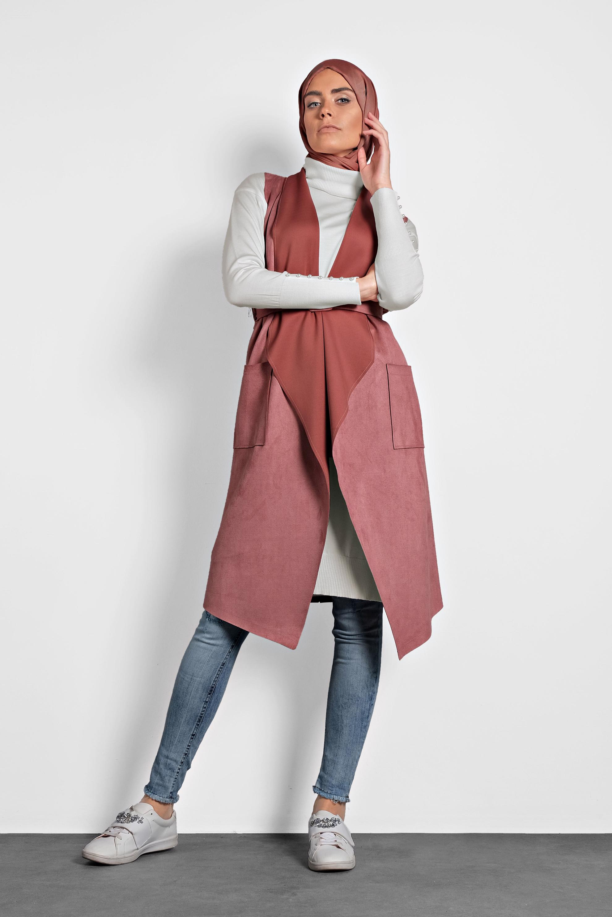 Tesettür giyim PUDRA KEMERLİ ŞAL YAKA YELEK 40244