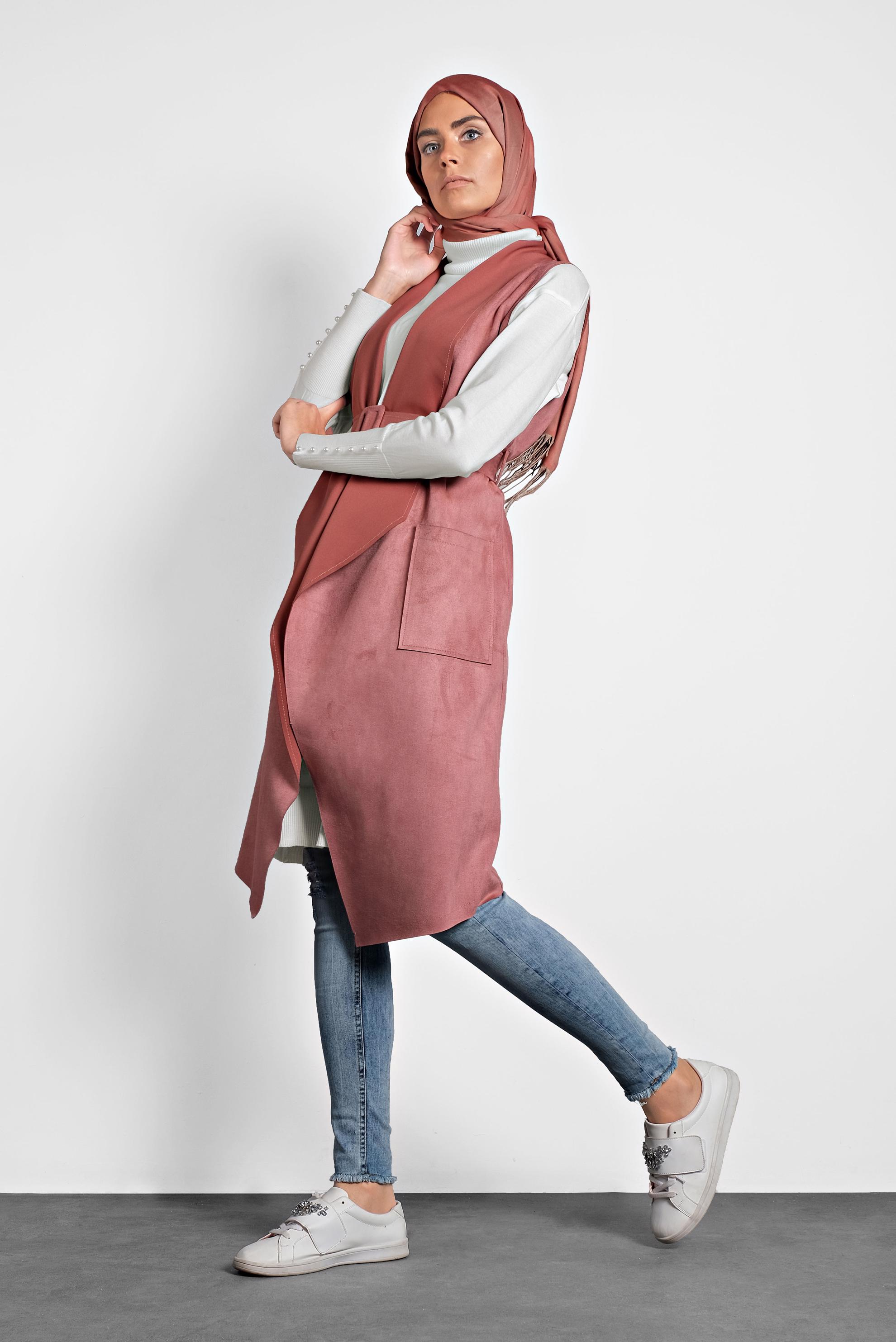 Tesettür giyim PUDRA KEMERLİ ŞAL YAKA YELEK 40244