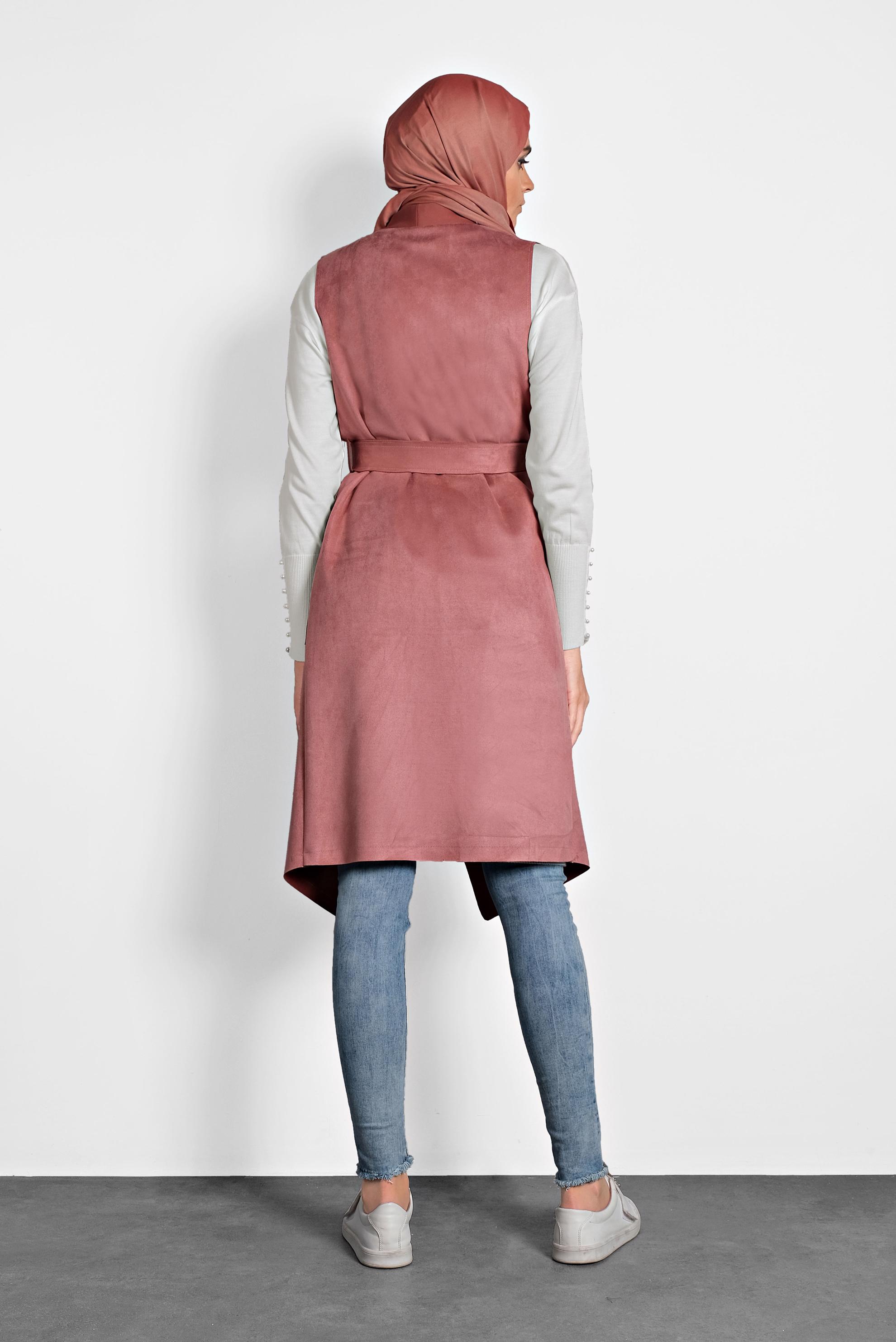 Tesettür giyim PUDRA KEMERLİ ŞAL YAKA YELEK 40244