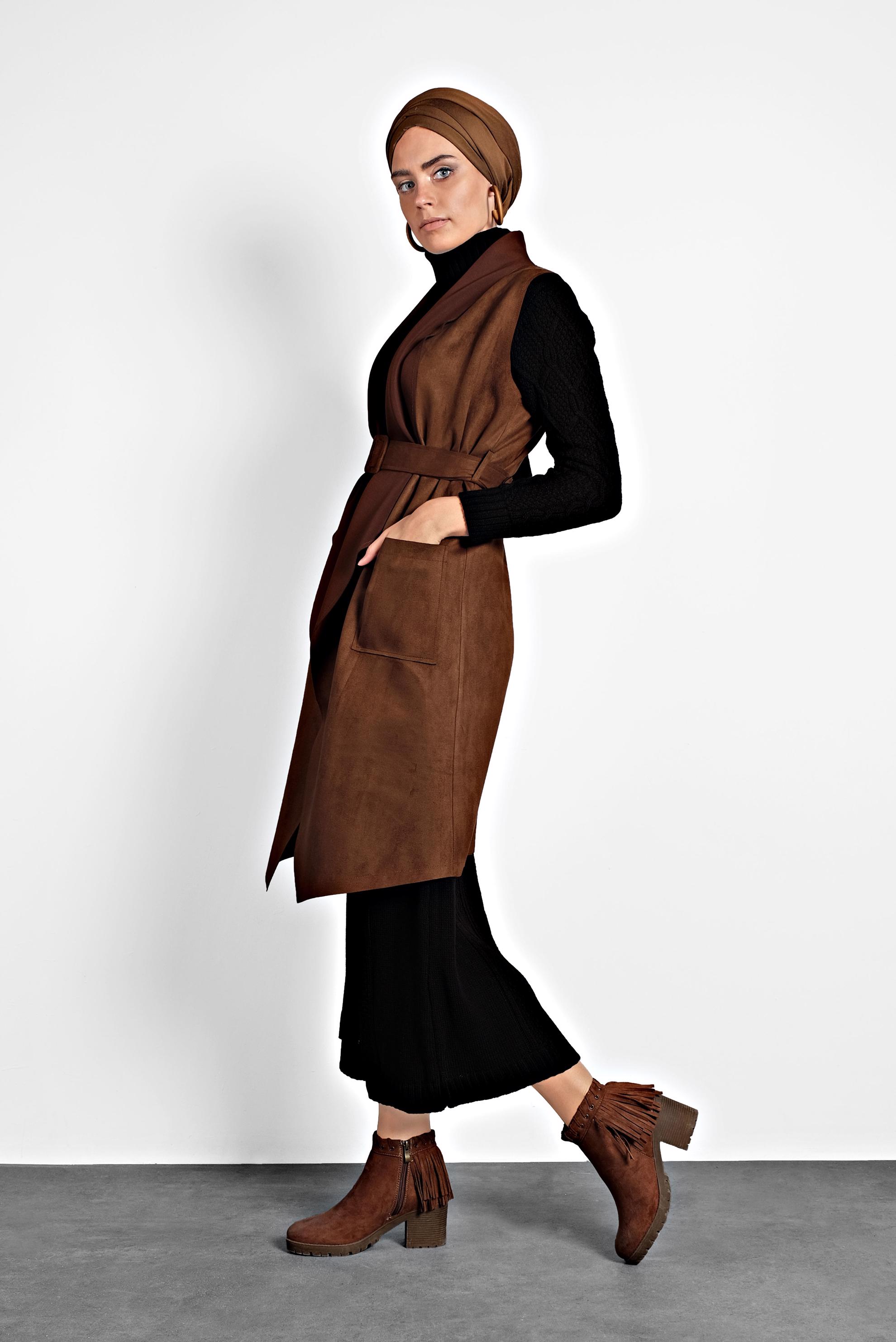 Tesettür giyim KAHVE KEMERLİ ŞAL YAKA YELEK 40244