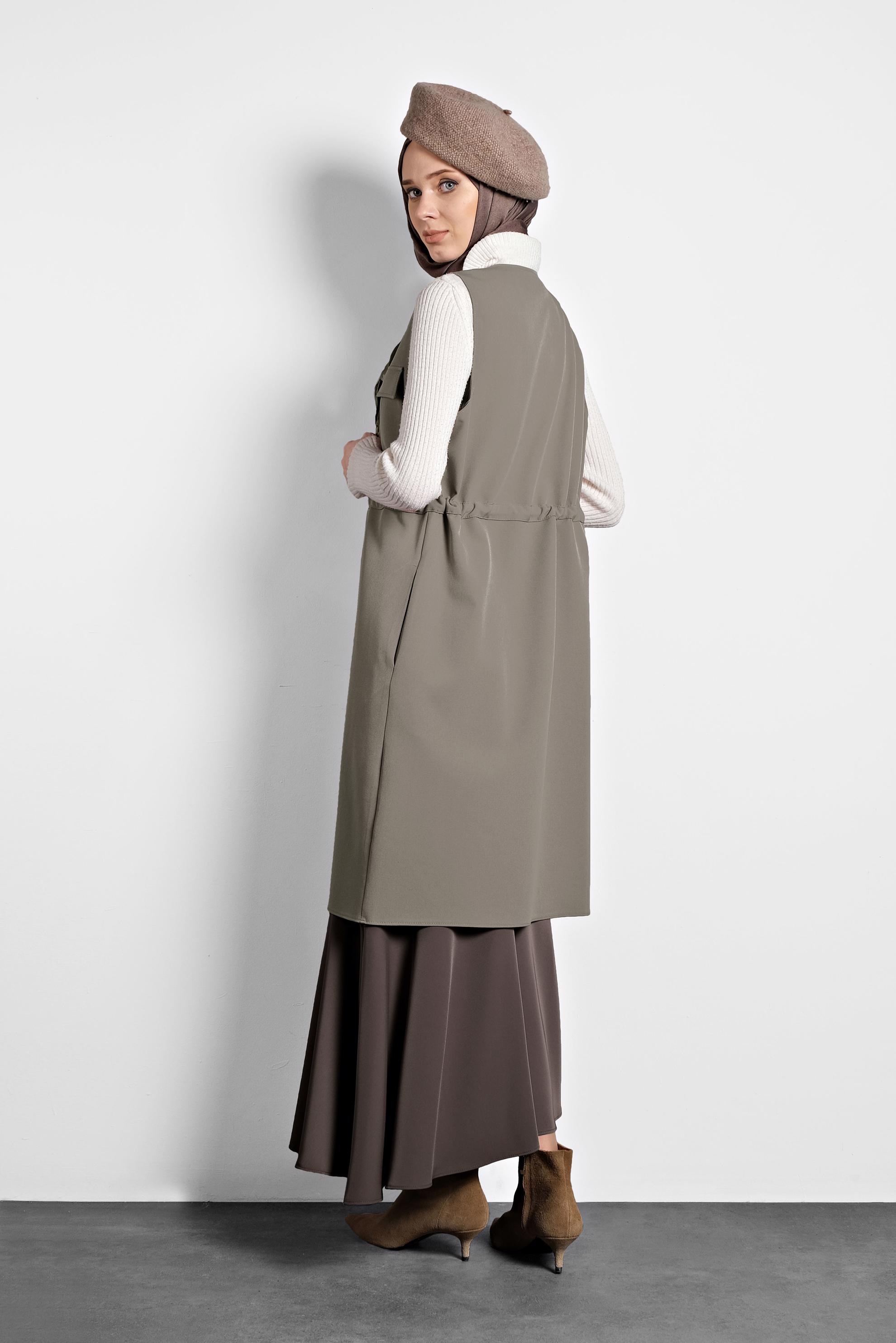 Tesettür giyim GRİ BİSİKLET YAKA BELİ LASTİKLİ FERMUARLI YELEK 40247