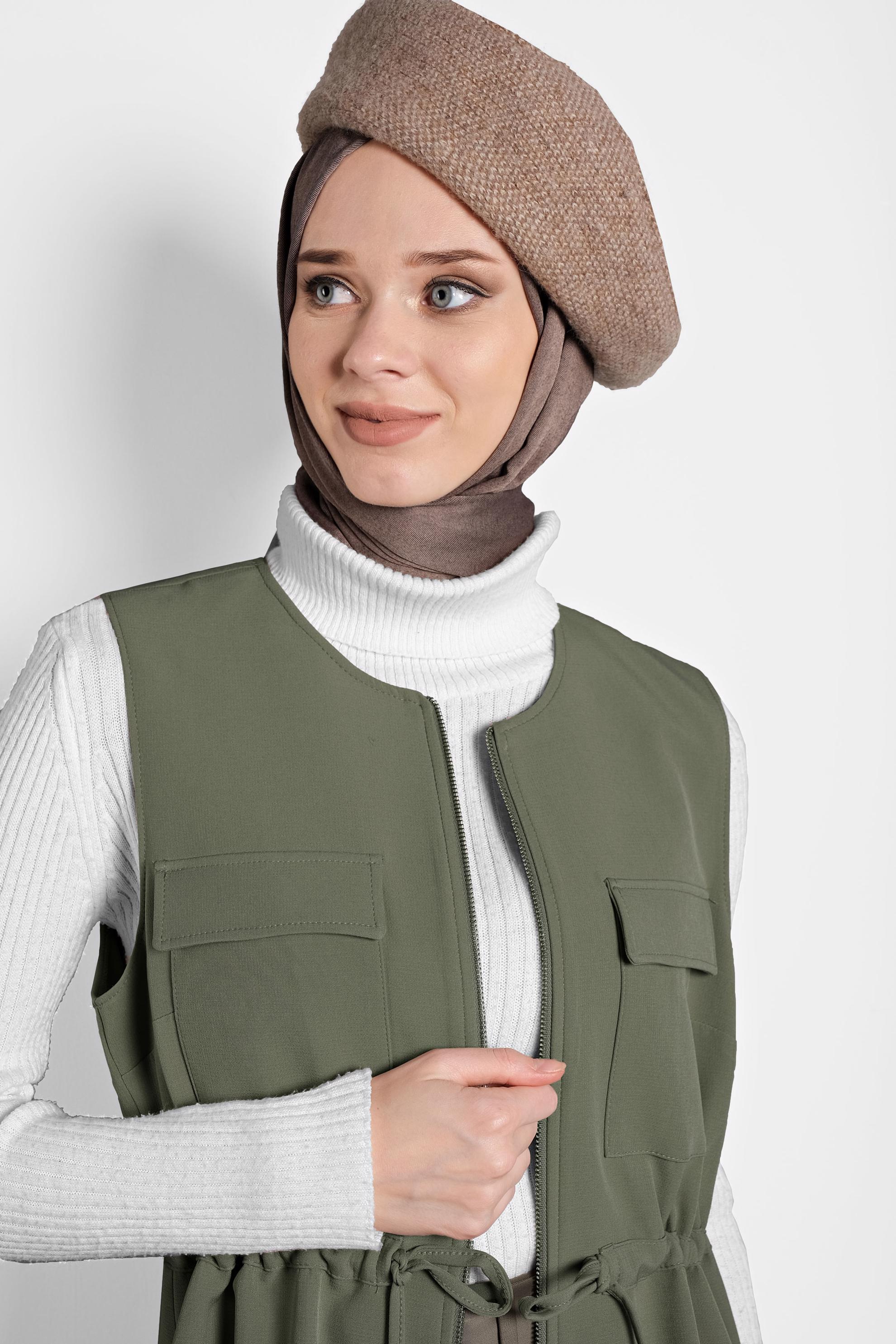 Vêtements hijab KAKI GILET ZIPPÉ À COL ROND TAILLE-NOUÉE 40247