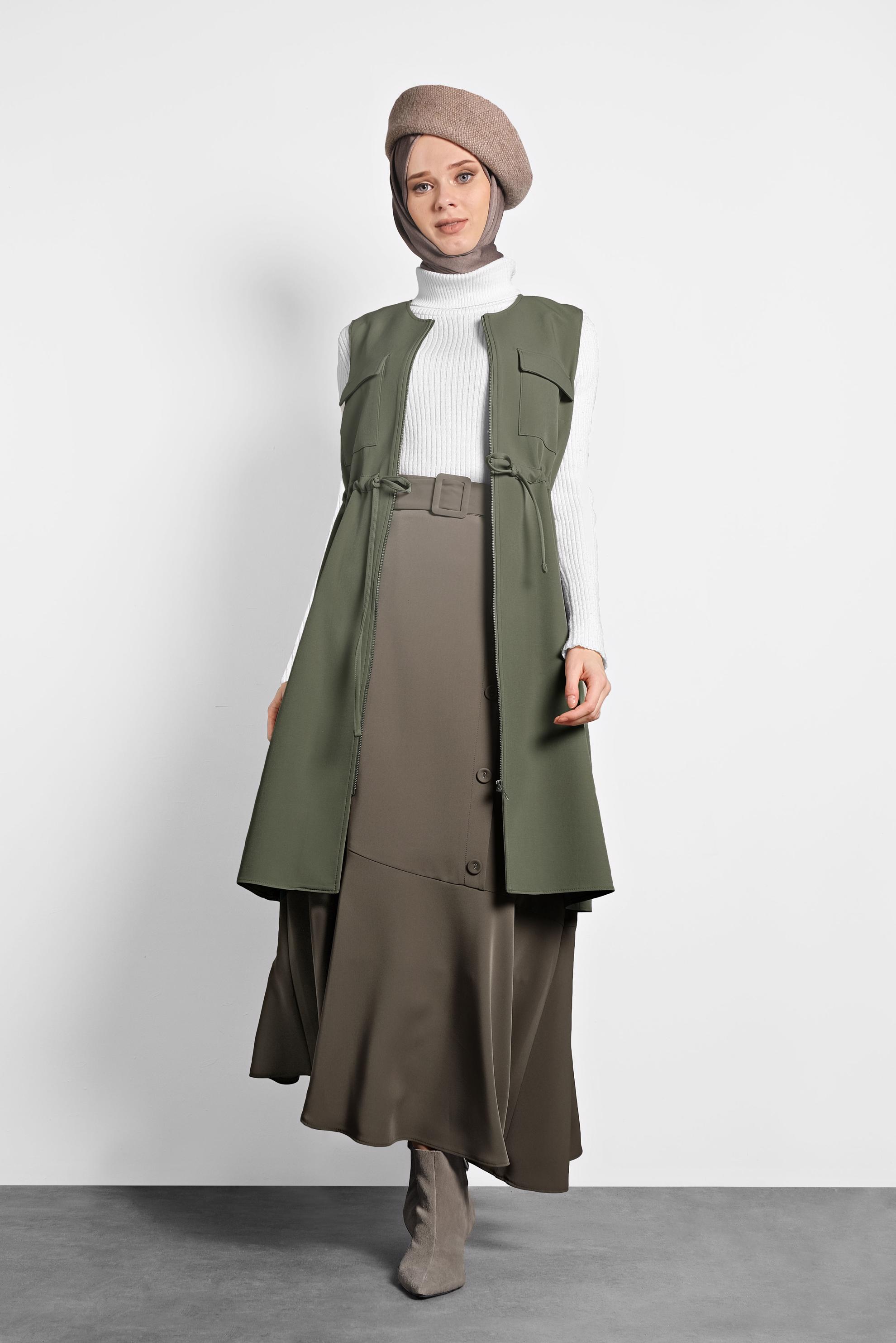 Vêtements hijab KAKI GILET ZIPPÉ À COL ROND TAILLE-NOUÉE 40247