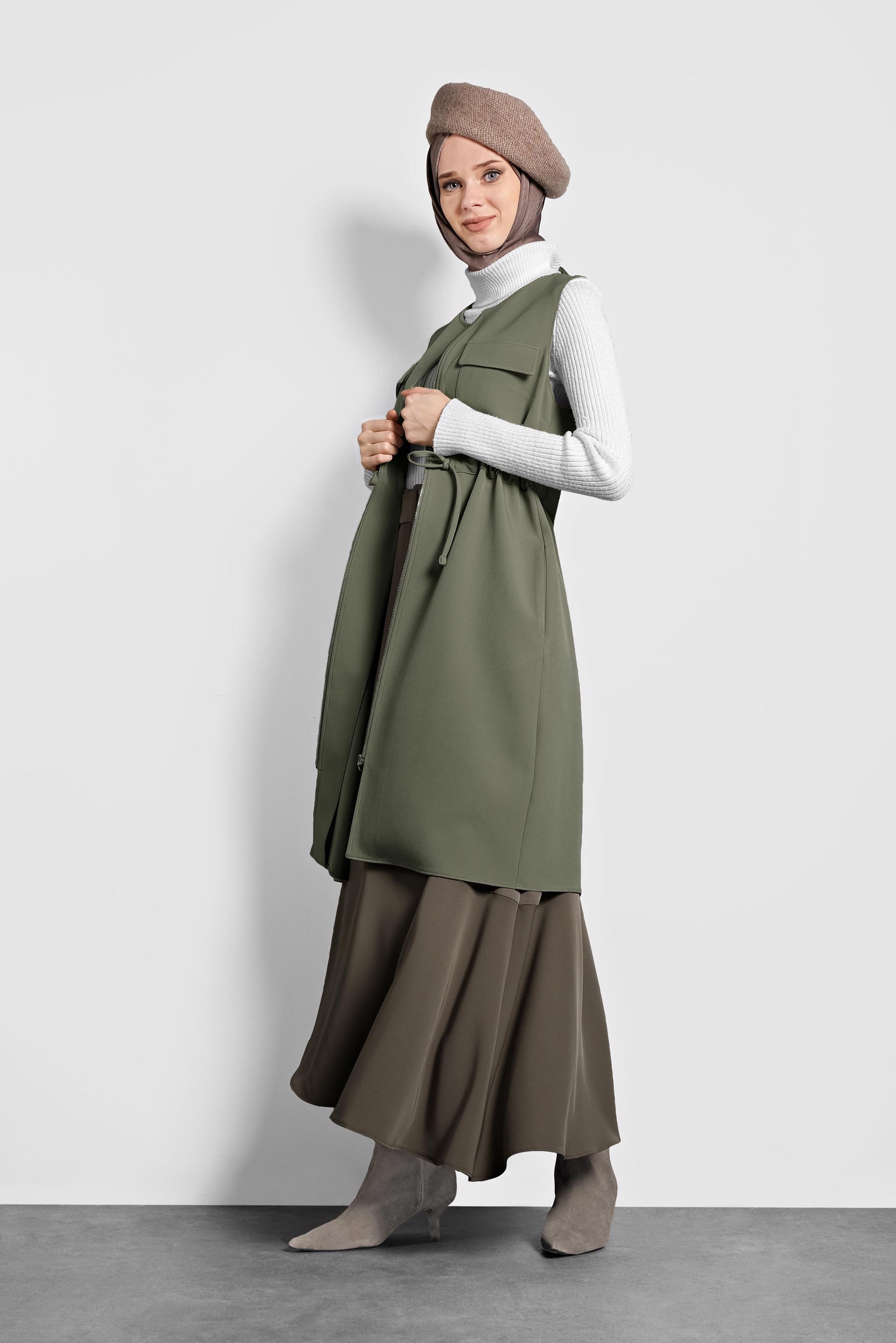 Vêtements hijab KAKI GILET ZIPPÉ À COL ROND TAILLE-NOUÉE 40247