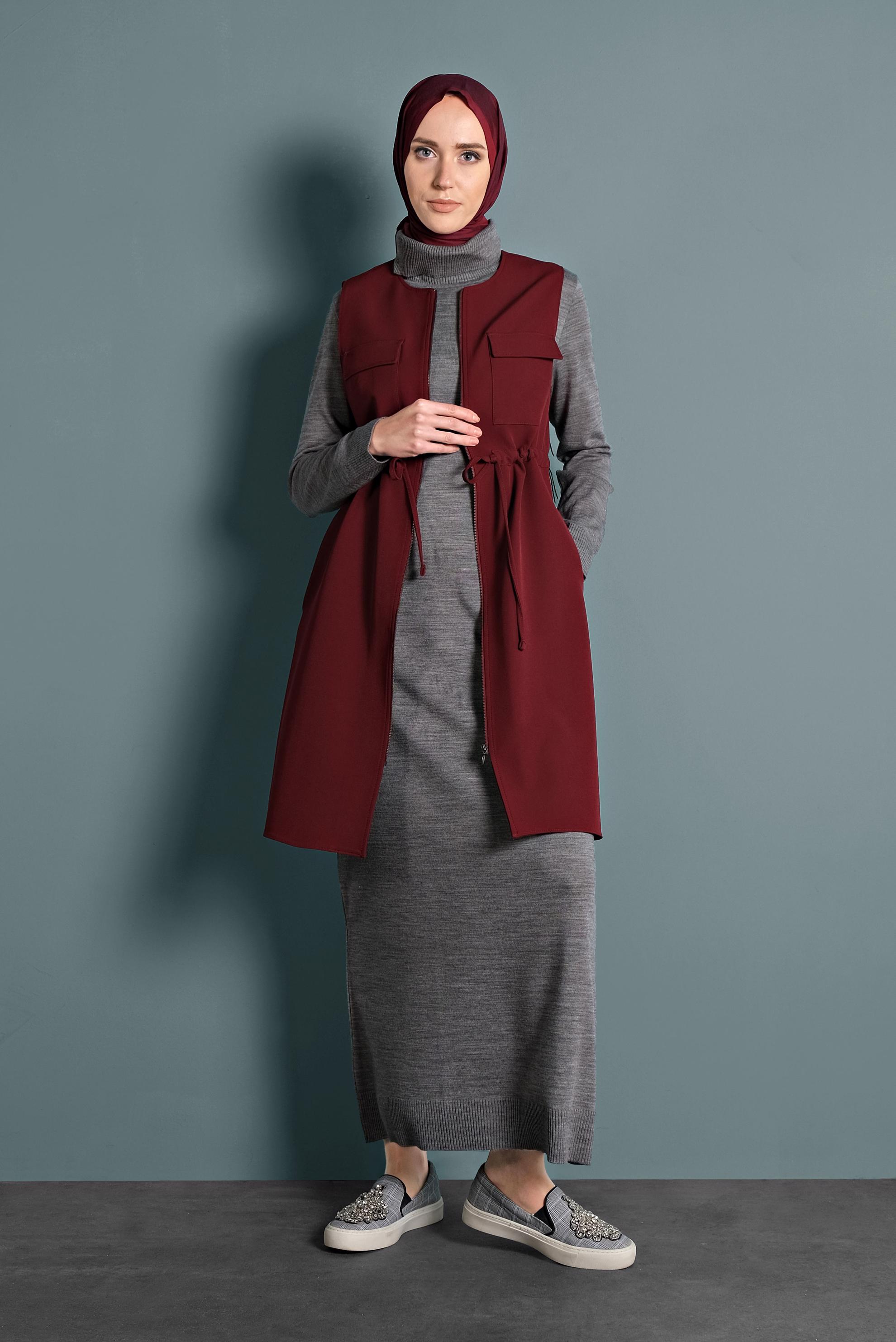 Tesettür giyim BORDO BİSİKLET YAKA BELİ LASTİKLİ FERMUARLI YELEK 40247