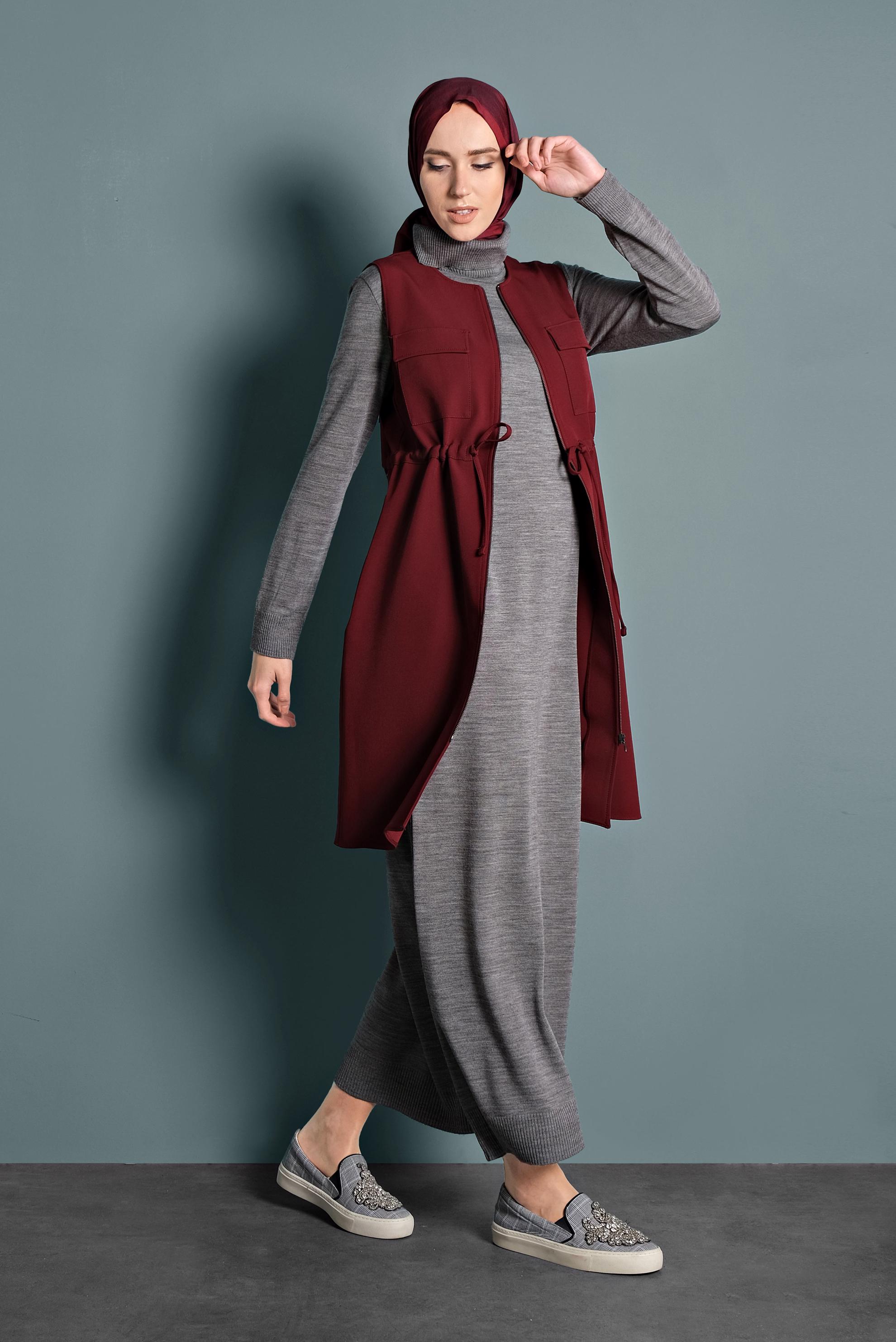 Tesettür giyim BORDO BİSİKLET YAKA BELİ LASTİKLİ FERMUARLI YELEK 40247