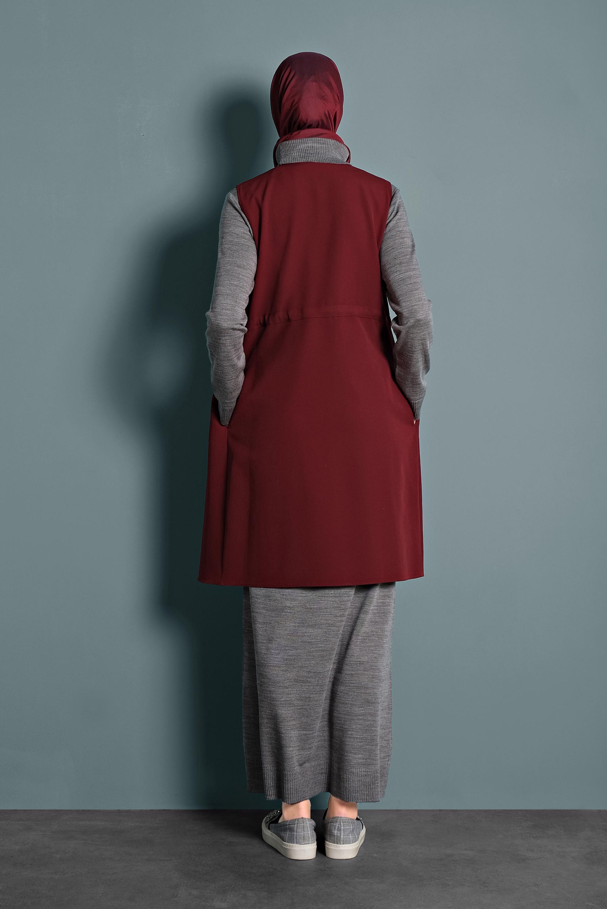 Tesettür giyim BORDO BİSİKLET YAKA BELİ LASTİKLİ FERMUARLI YELEK 40247