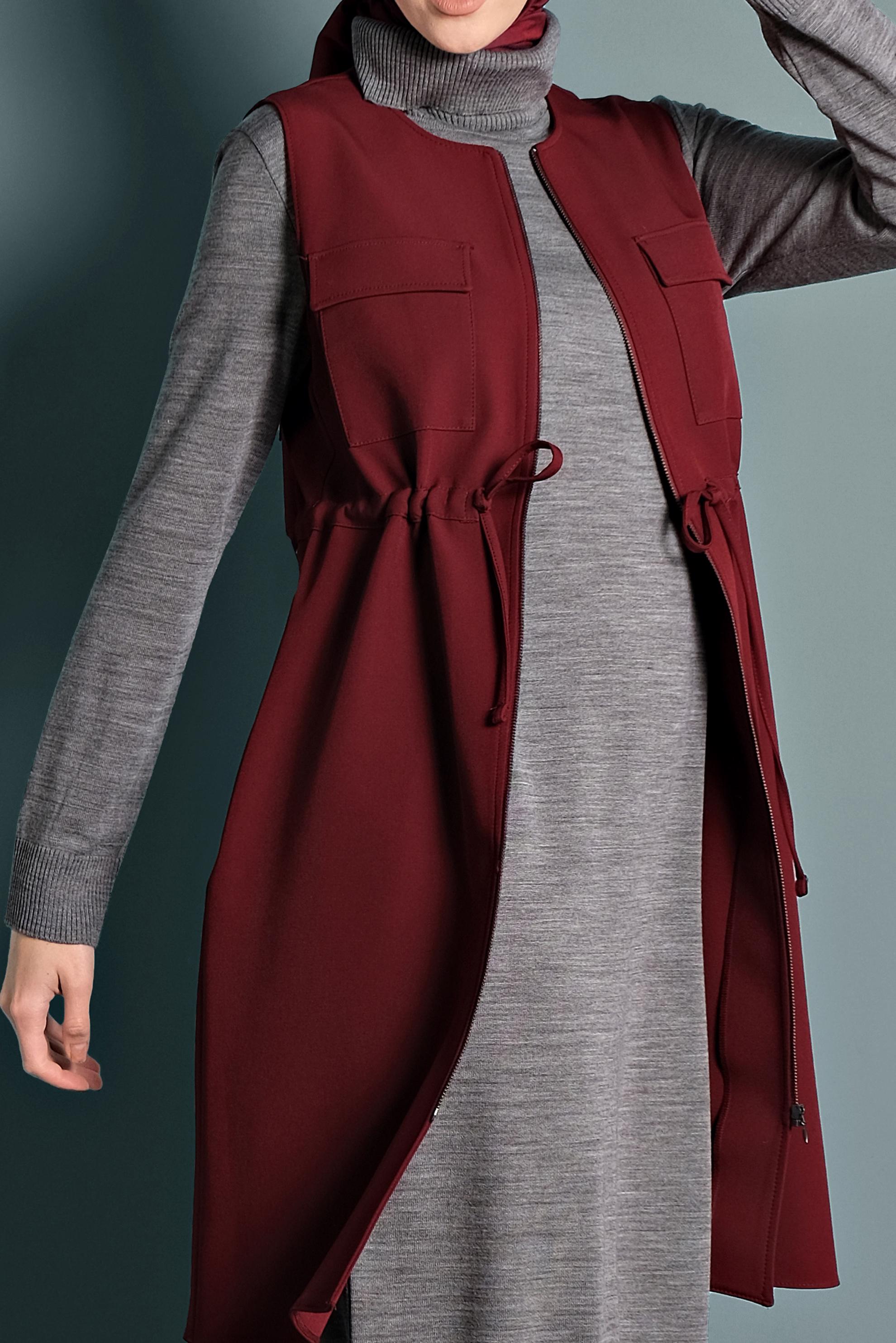 Tesettür giyim BORDO BİSİKLET YAKA BELİ LASTİKLİ FERMUARLI YELEK 40247