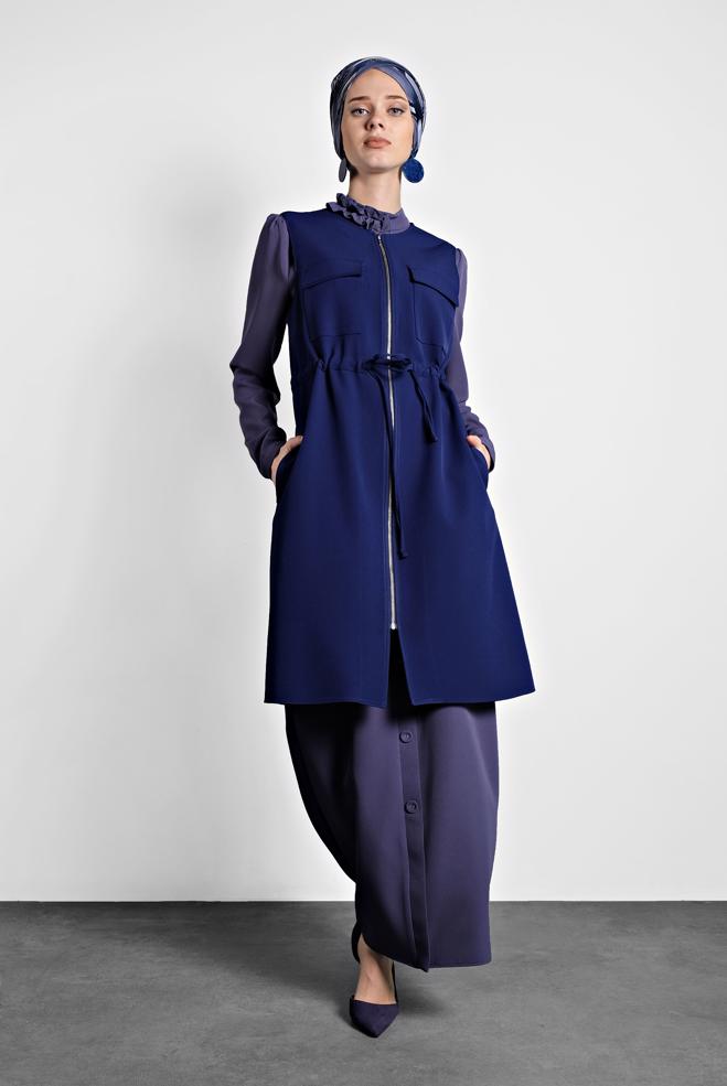 Tesettür giyim  BİSİKLET YAKA BELİ LASTİKLİ FERMUARLI YELEK 40247 - ALVİNA