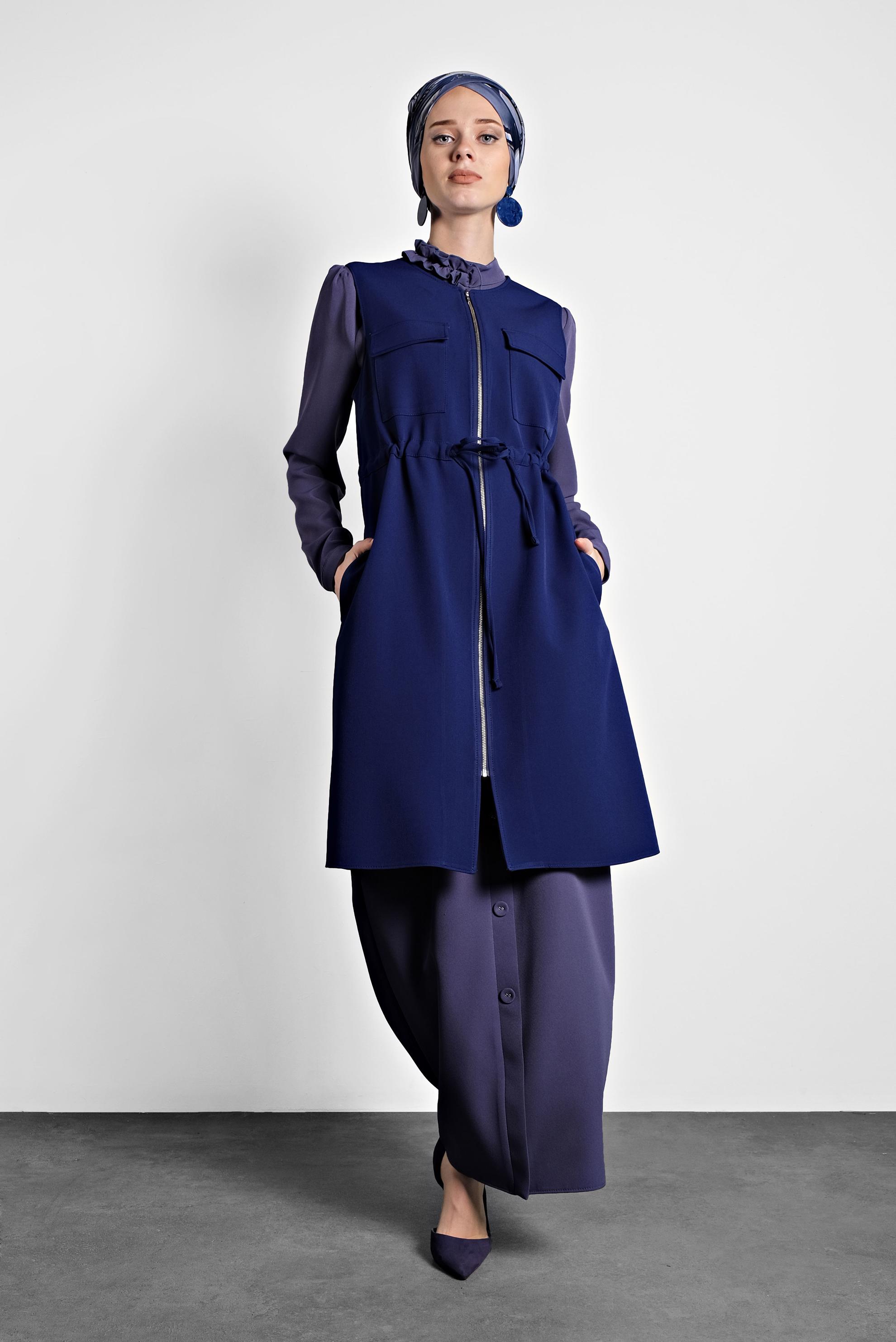 Tesettür giyim LACİVERT BİSİKLET YAKA BELİ LASTİKLİ FERMUARLI YELEK 40247