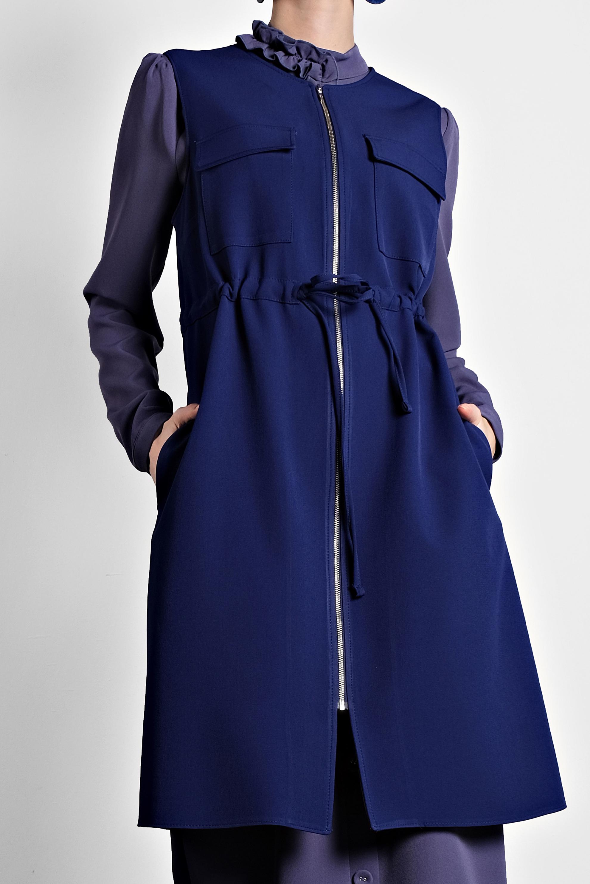 Tesettür giyim LACİVERT BİSİKLET YAKA BELİ LASTİKLİ FERMUARLI YELEK 40247