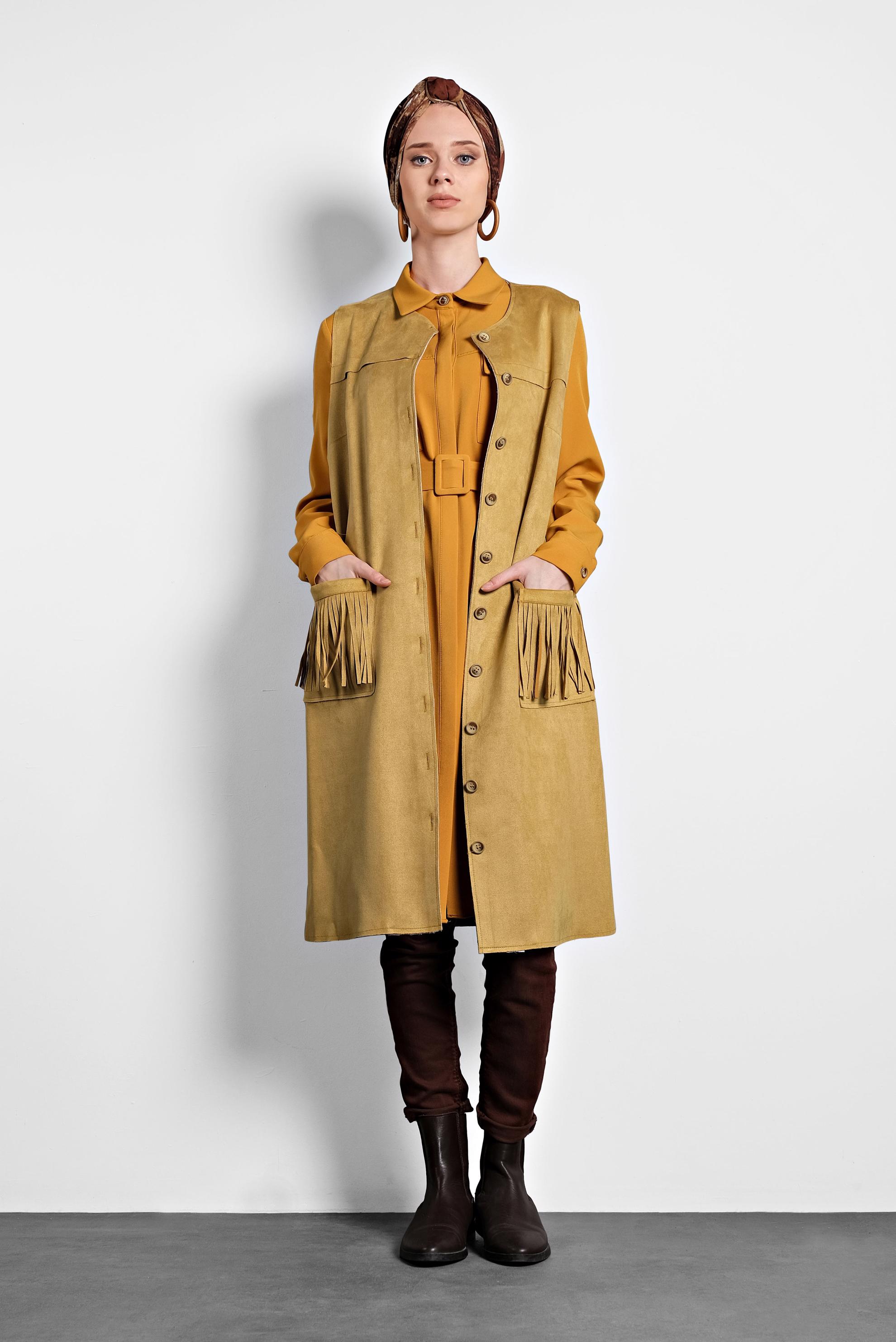 Tesettür giyim SARI PÜSKÜL CEP DETAYLI SÜET YELEK 40260