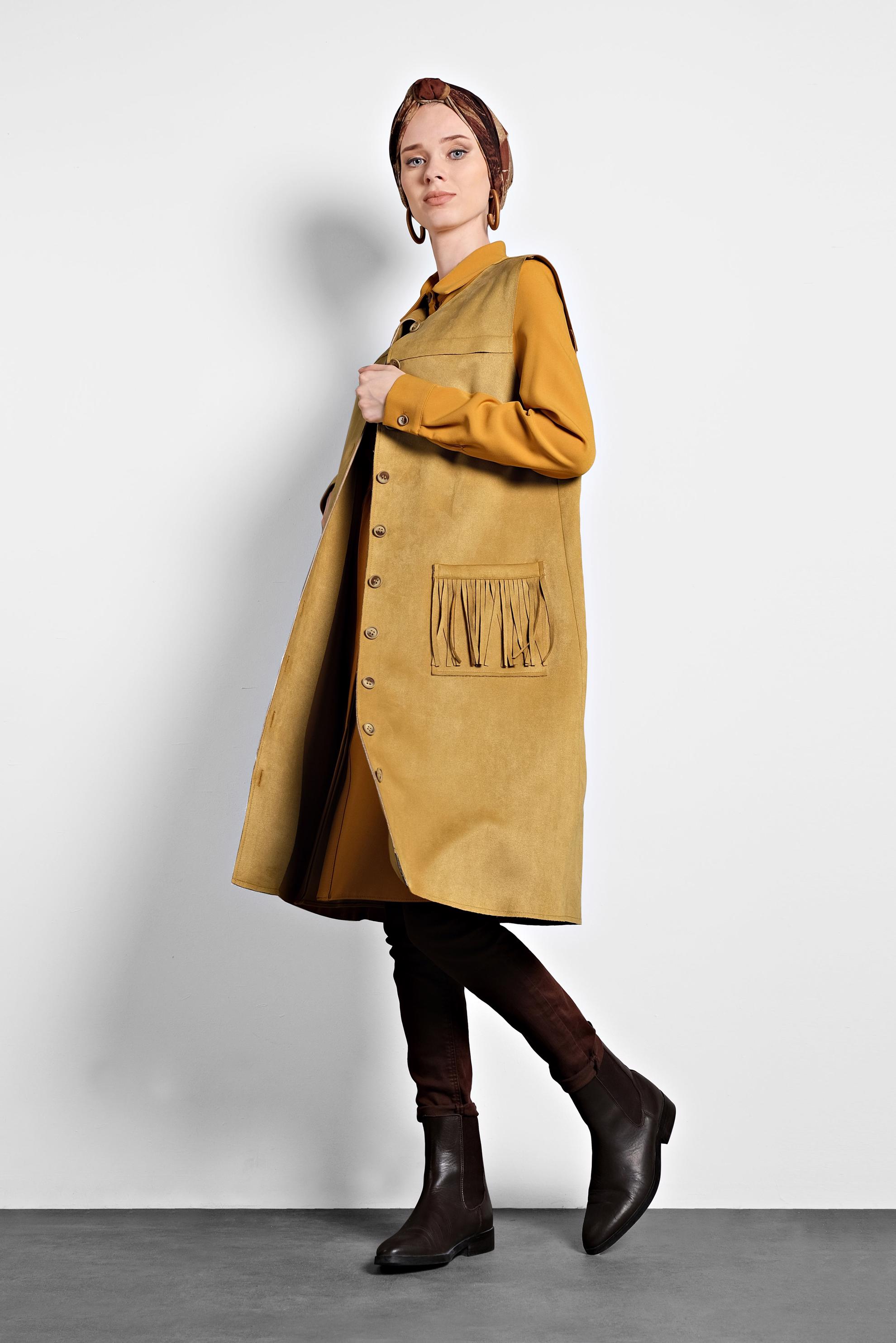 Tesettür giyim SARI PÜSKÜL CEP DETAYLI SÜET YELEK 40260