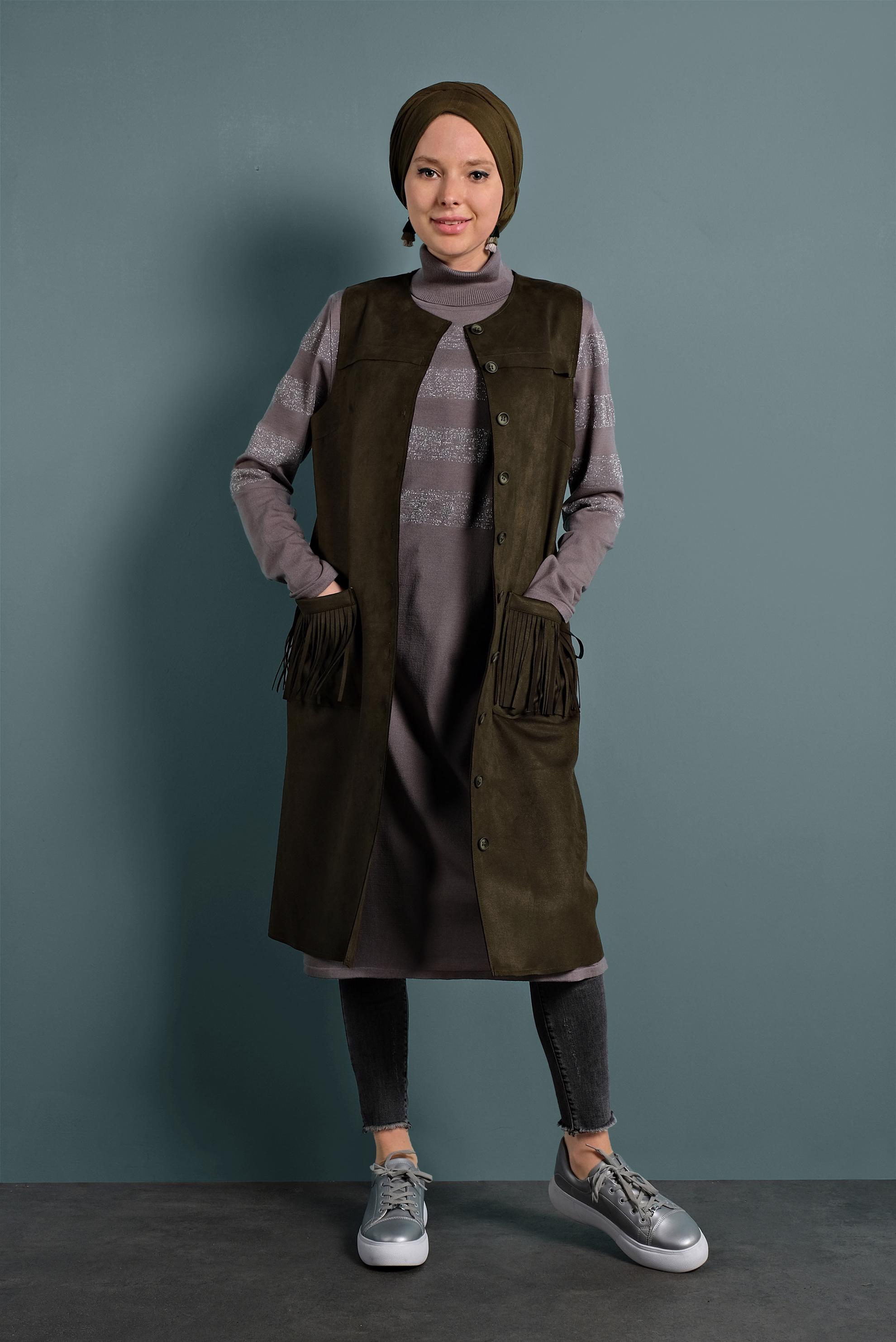 Tesettür giyim HAKİ PÜSKÜL CEP DETAYLI SÜET YELEK 40260