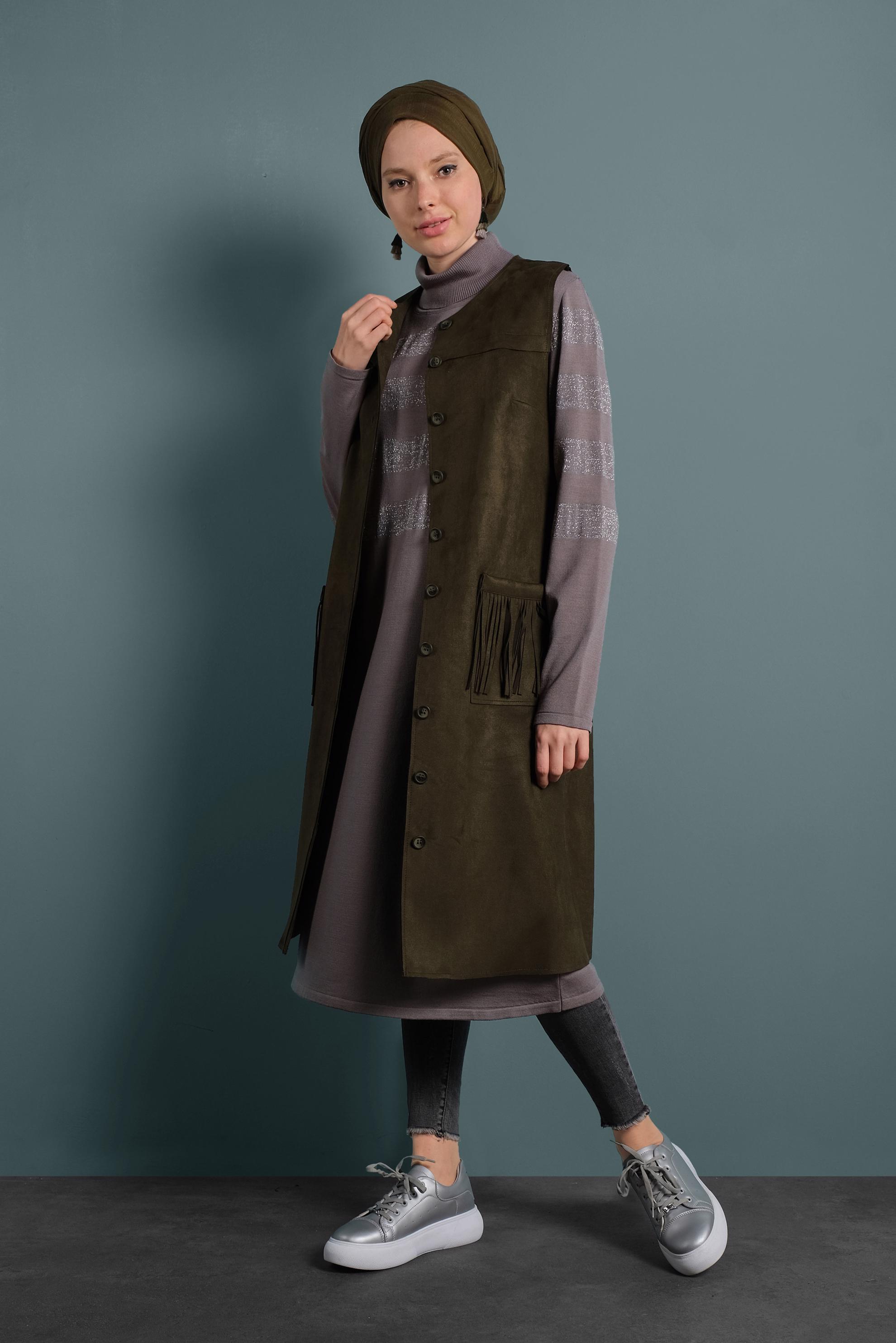 Tesettür giyim HAKİ PÜSKÜL CEP DETAYLI SÜET YELEK 40260