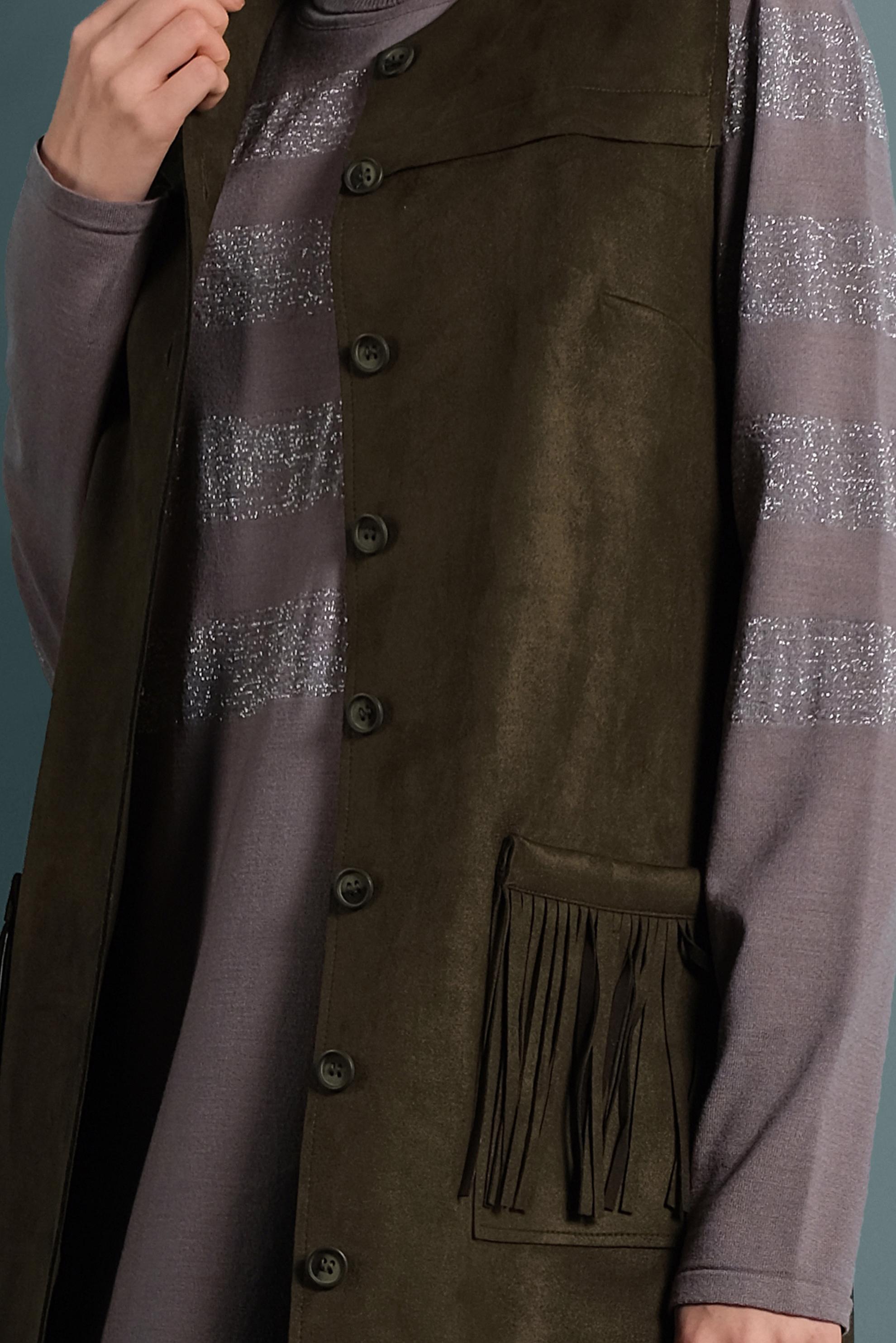 Tesettür giyim HAKİ PÜSKÜL CEP DETAYLI SÜET YELEK 40260