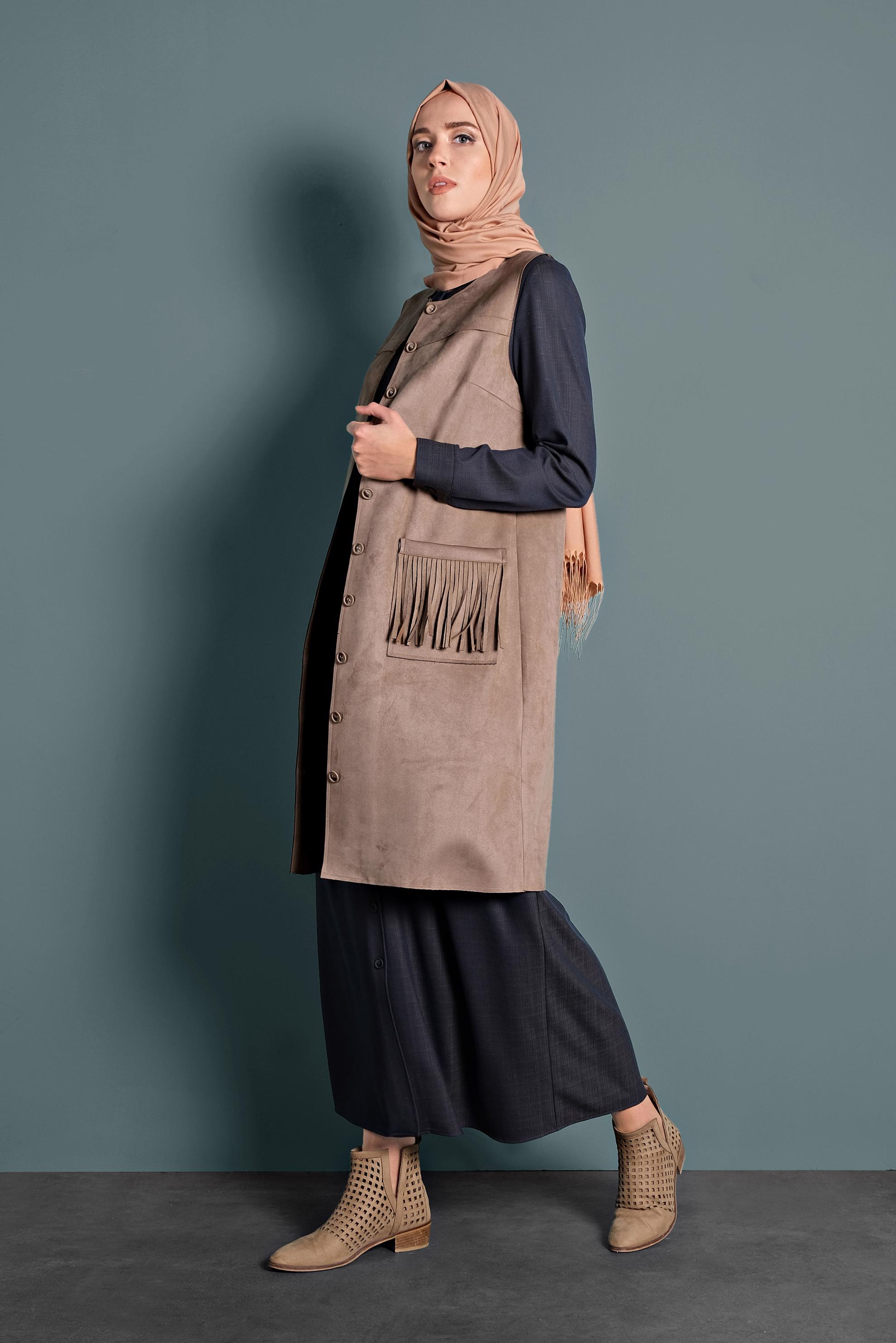 Tesettür giyim VİZON PÜSKÜL CEP DETAYLI SÜET YELEK 40260