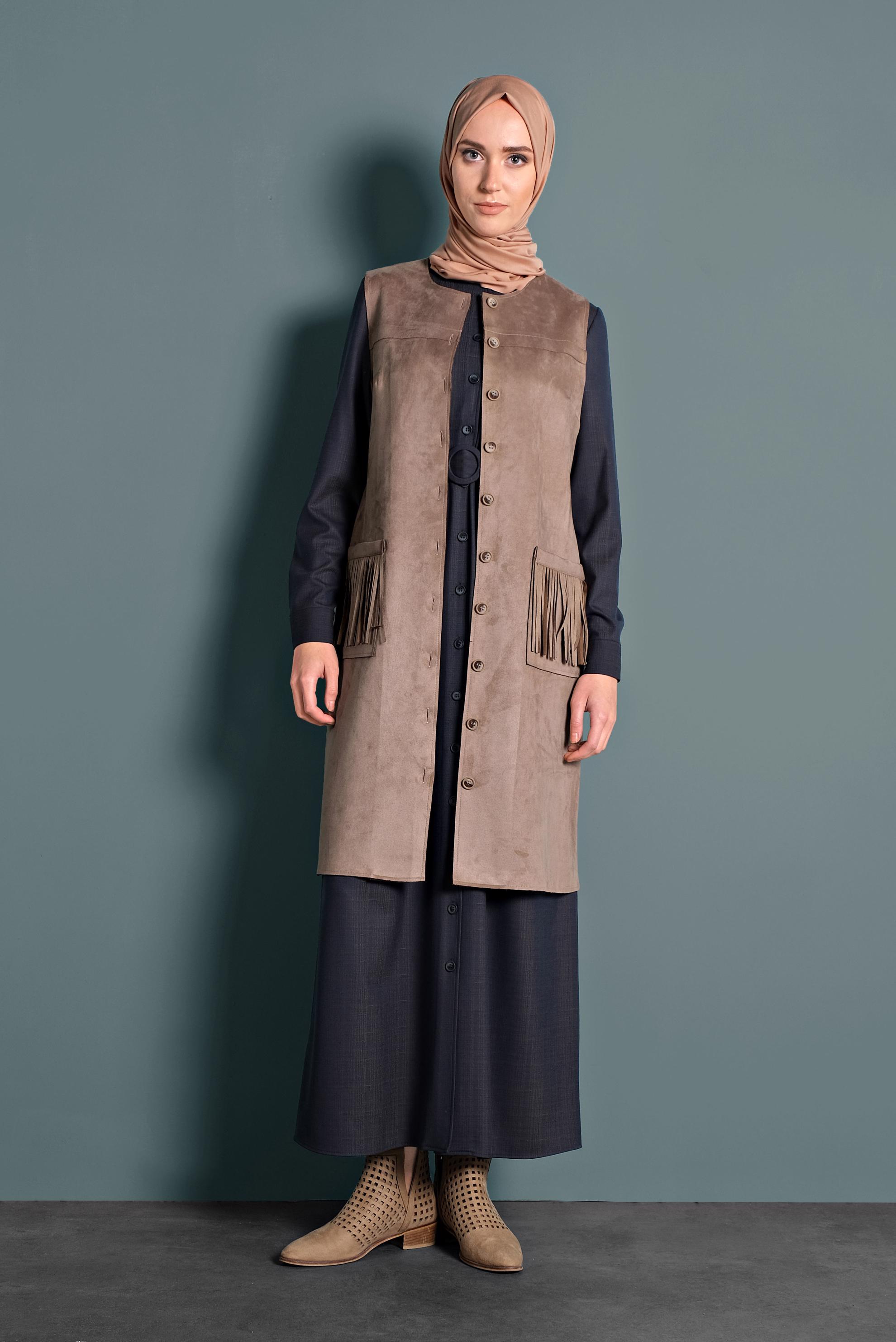 Tesettür giyim VİZON PÜSKÜL CEP DETAYLI SÜET YELEK 40260