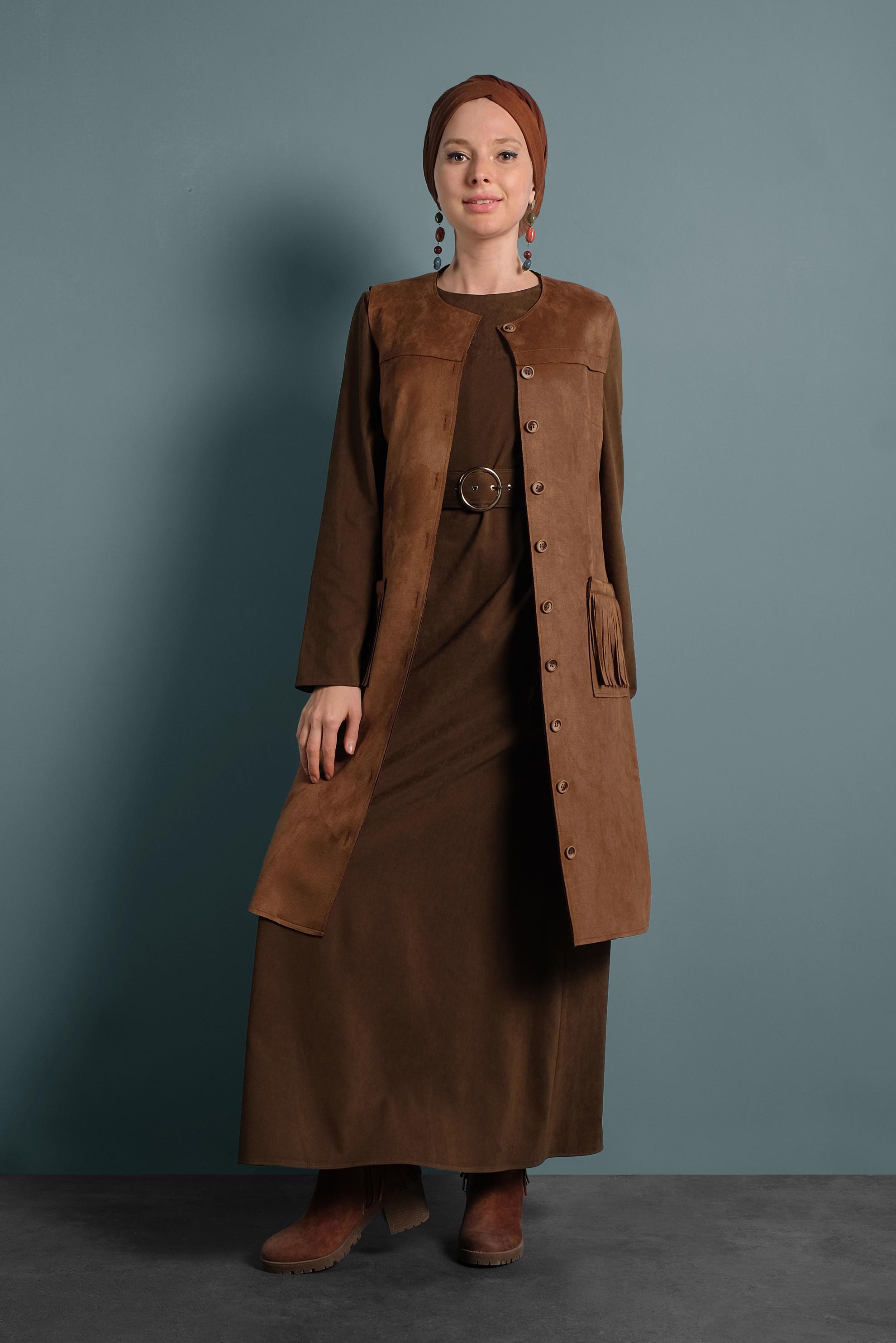 Tesettür giyim KAHVE PÜSKÜL CEP DETAYLI SÜET YELEK 40260