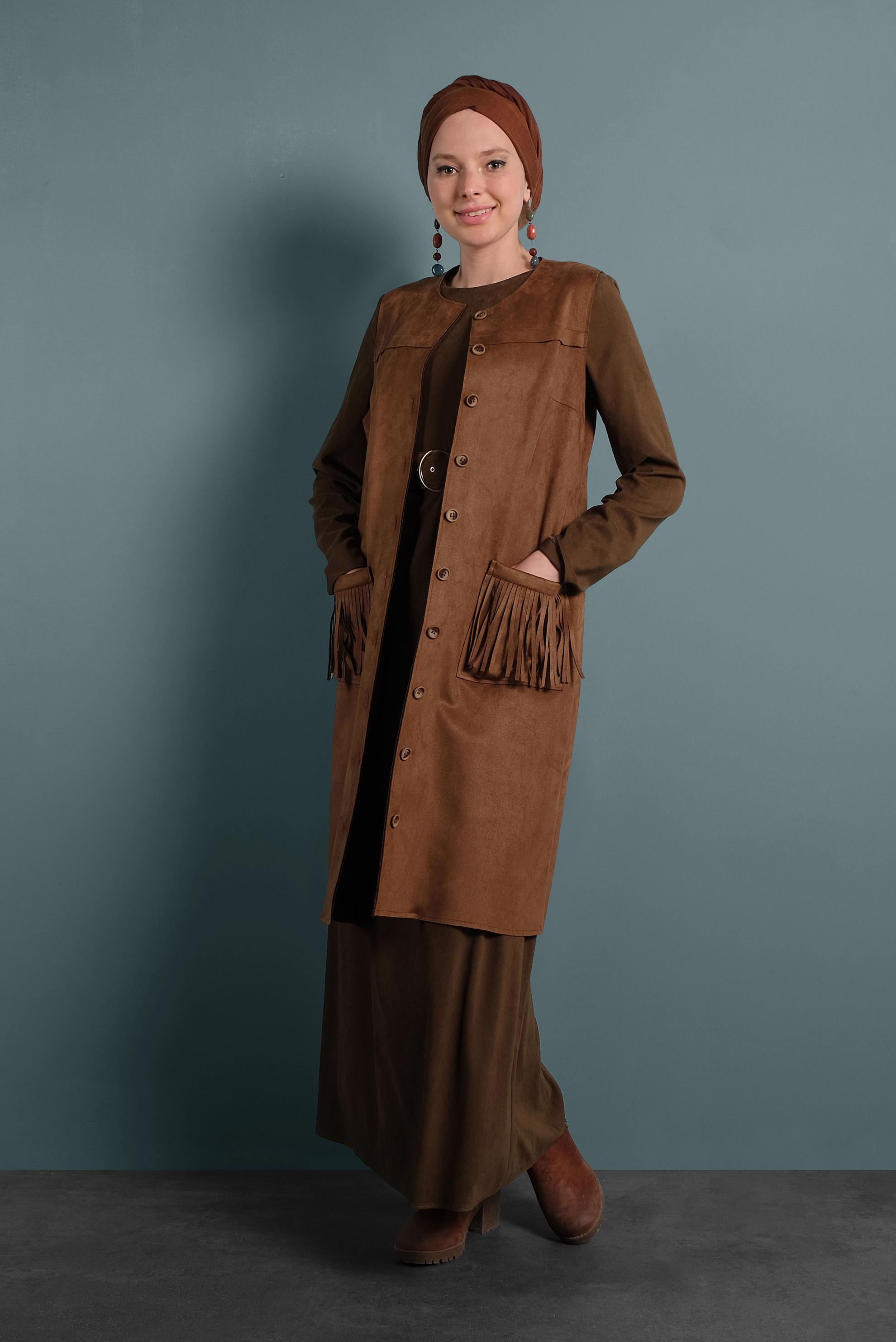 Tesettür giyim KAHVE PÜSKÜL CEP DETAYLI SÜET YELEK 40260