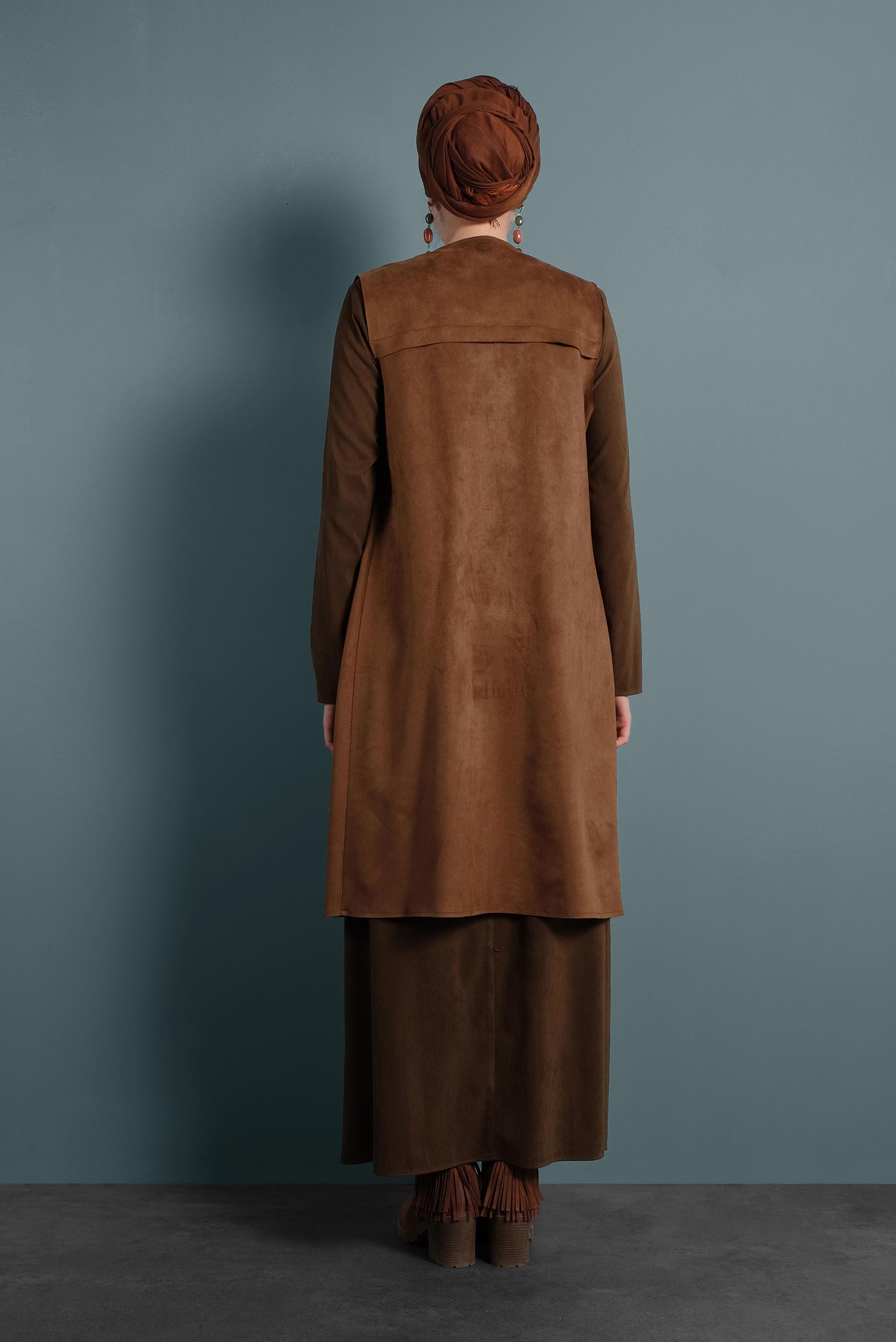 Tesettür giyim KAHVE PÜSKÜL CEP DETAYLI SÜET YELEK 40260