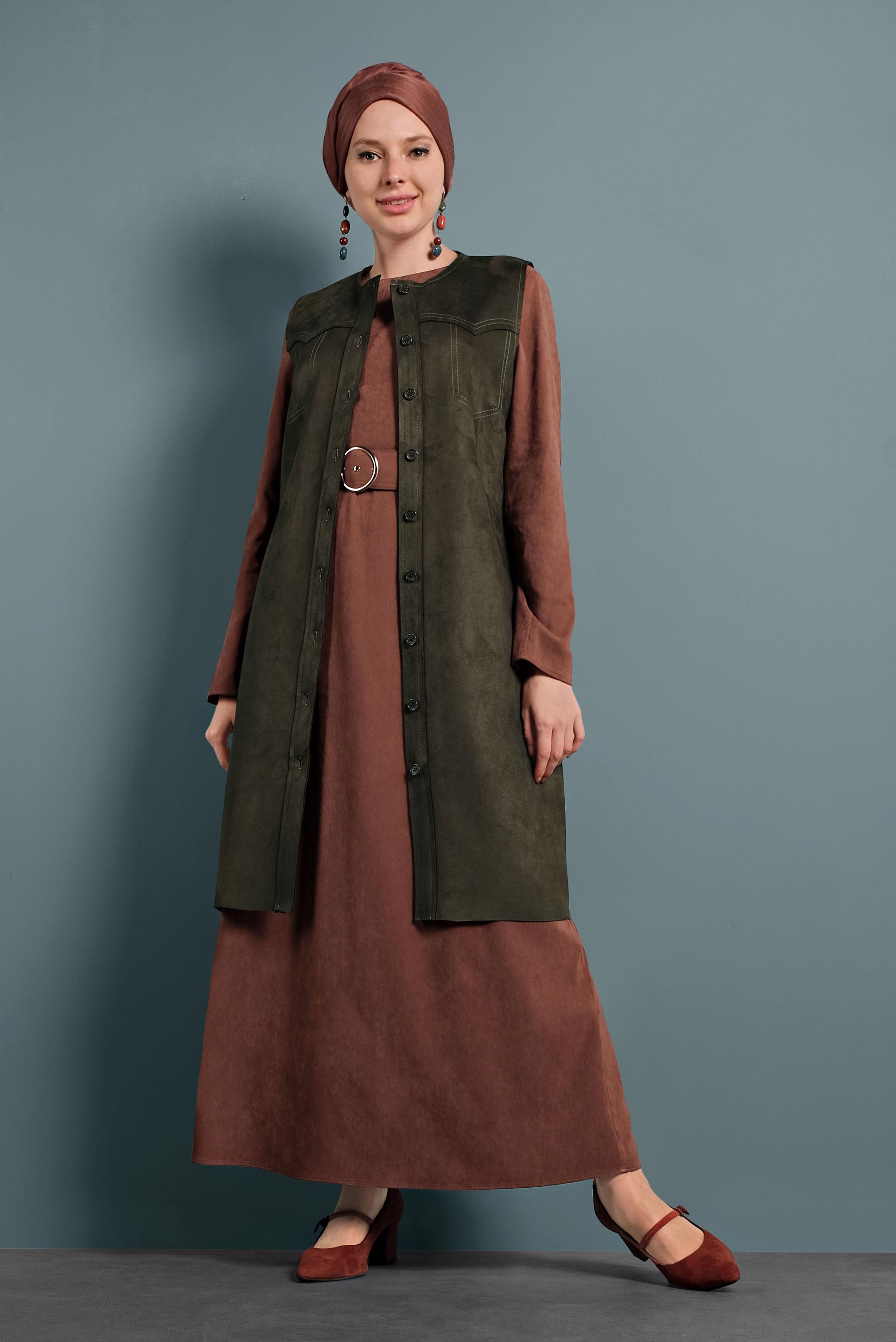 Tesettür giyim HAKİ DÜĞMELİ SÜET YELEK 40261